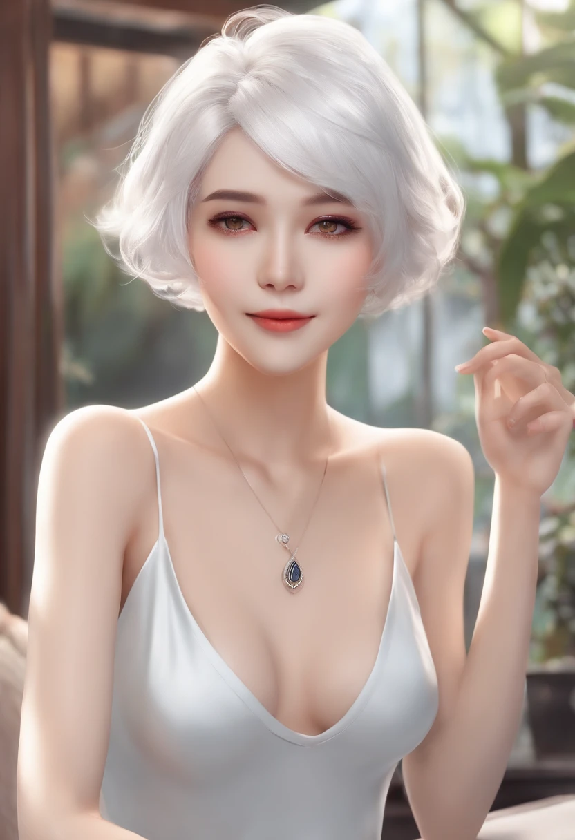 white  hair,short cut hair,Height 165,swim wears,A-cup,Akame,Peace with a smile,femele,Small face