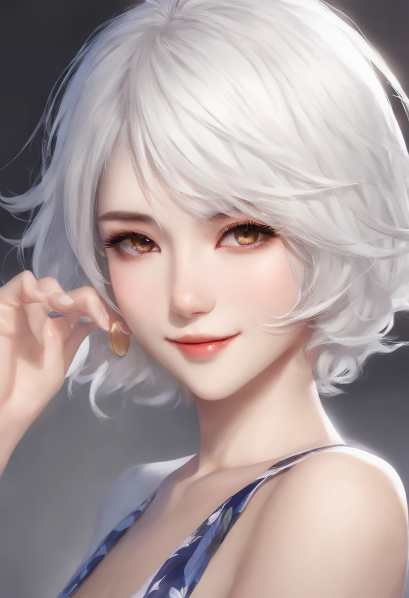 white  hair,short cut hair,Height 165,swim wears,A-cup,Akame,Peace with a smile,femele,Small face