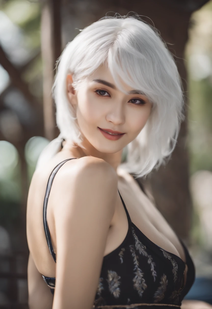 white hair,short cut hair,Height 165,swim wears,A-cup,Akame,Peace with a smile,femele,Small face