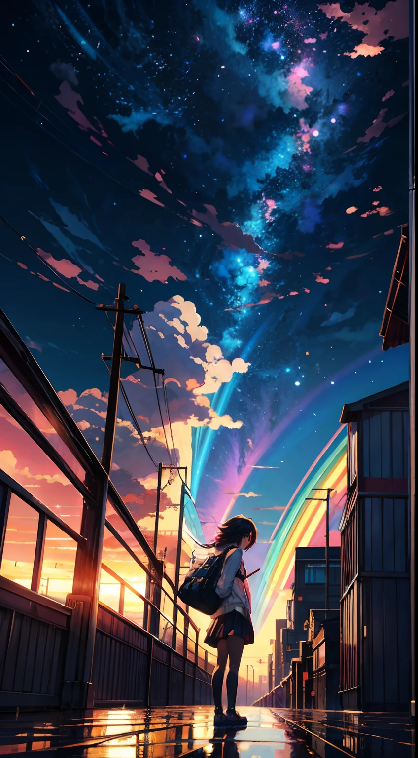 Anime girl standing in big city looking at rainbow sky,Near Future City、 makoto shinkai cyril rolando, anime art wallpaper 4k, anime art wallpaper 4k, Anime art wallpaper 8k, inspired by Cyril Rolando, in the style dan mumford artwork, amazing wallpapers, by Yuumei