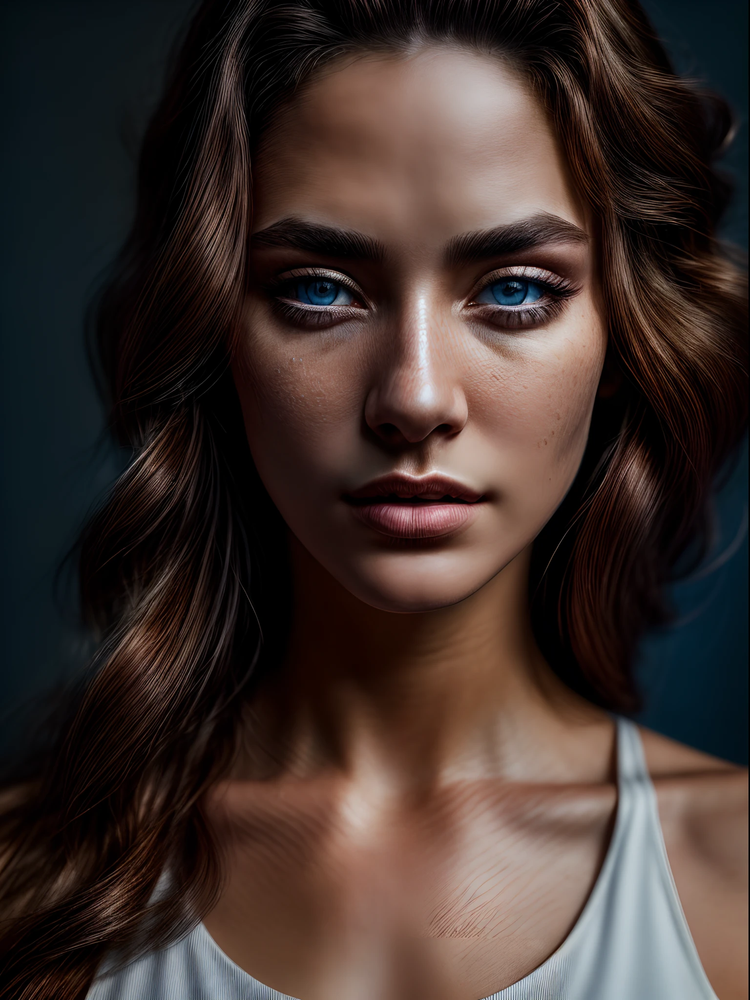 (RAW, analogue, Nikon Z 14mm ultra-wide angle lens, award-winning glamour photograph, ((best quality)), ((masterpiece)), ((realistic)), skin pores, subsurface scattering, radiant light rays, high-res, detailed facial features, high detail, sharp focus, smooth, aesthetic, extremely detailed, (extremely detailed eyes, extremely detailed iris), extremely detailed hair, extremely detailed skin, extremely detailed clothes, octane render, photorealistic, realistic, post-processing, max detail, realistic shadows, roughness, natural skin texture, real life, ultra-realistic, photorealism, photography, 8k UHD, photography, hdr, intricate, elegant, highly detailed, sharp focus, stunning, beautiful, gorgeous), (masterpiece:1.2, best quality1:1, ultra-detailed:1.2, best shadow, 8k:1.1), (beautiful detailed face), high contrast, (perfect illumination:1.2, beautiful color, delicate color), ((cinematic light)), hyper detail, dramatic light, intricate details, (1 girl), solo, caucasian, brown hair, short hair, wavy hair, (blue eyes), dynamic angle, white tanktop, jeans, portrait