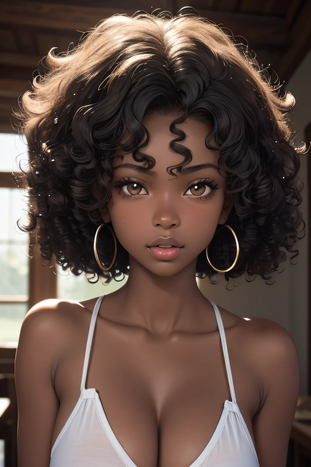 (masterpiece, best quality), deep ebony 1girl, beautiful face, freely curly curls, confused