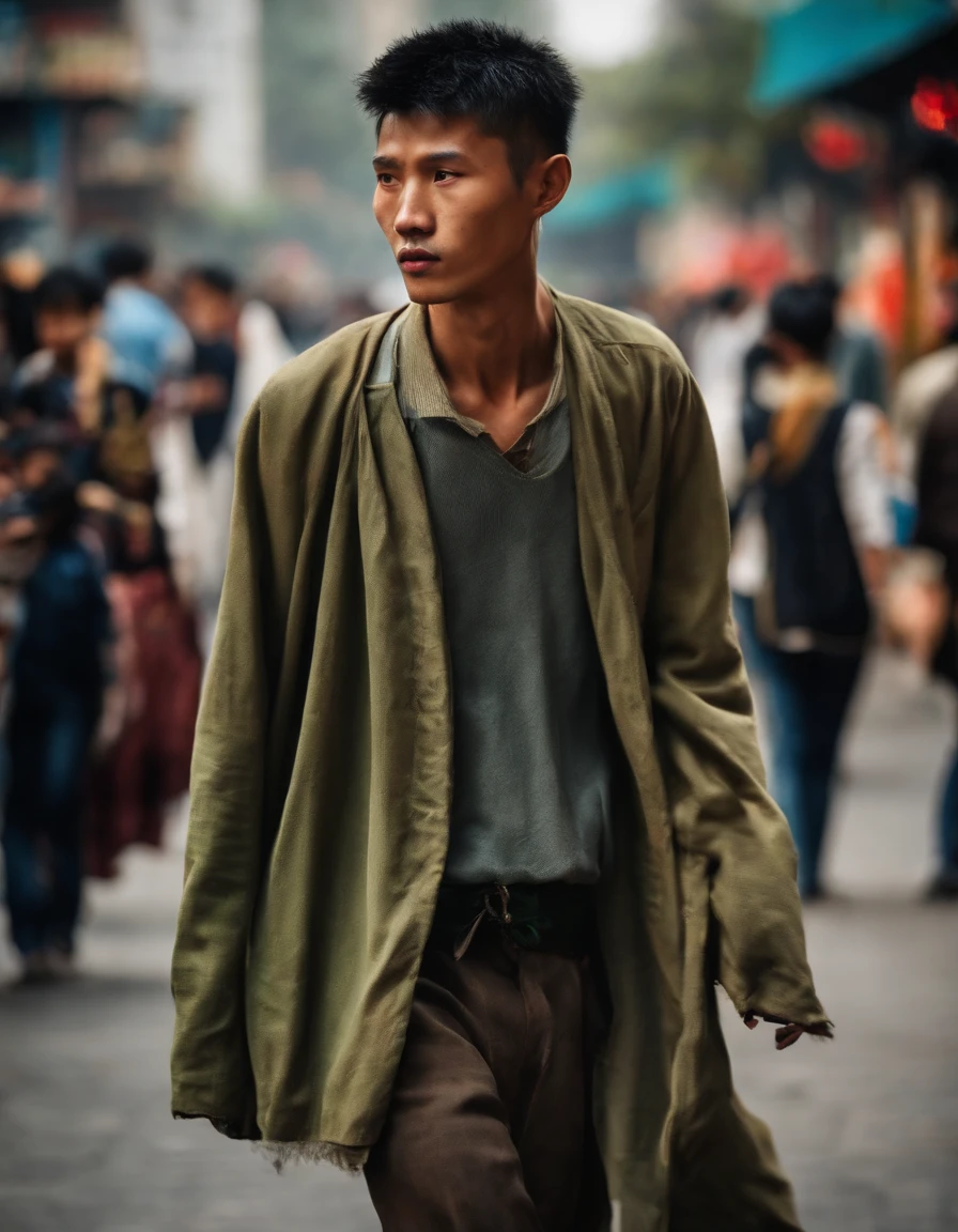 A listless young man on the streets of a metropolis in China,emaciated,Walk the streets listlessly,Clothes are shabby,Many pedestrians on the street were watching him。,high detal,high high quality
