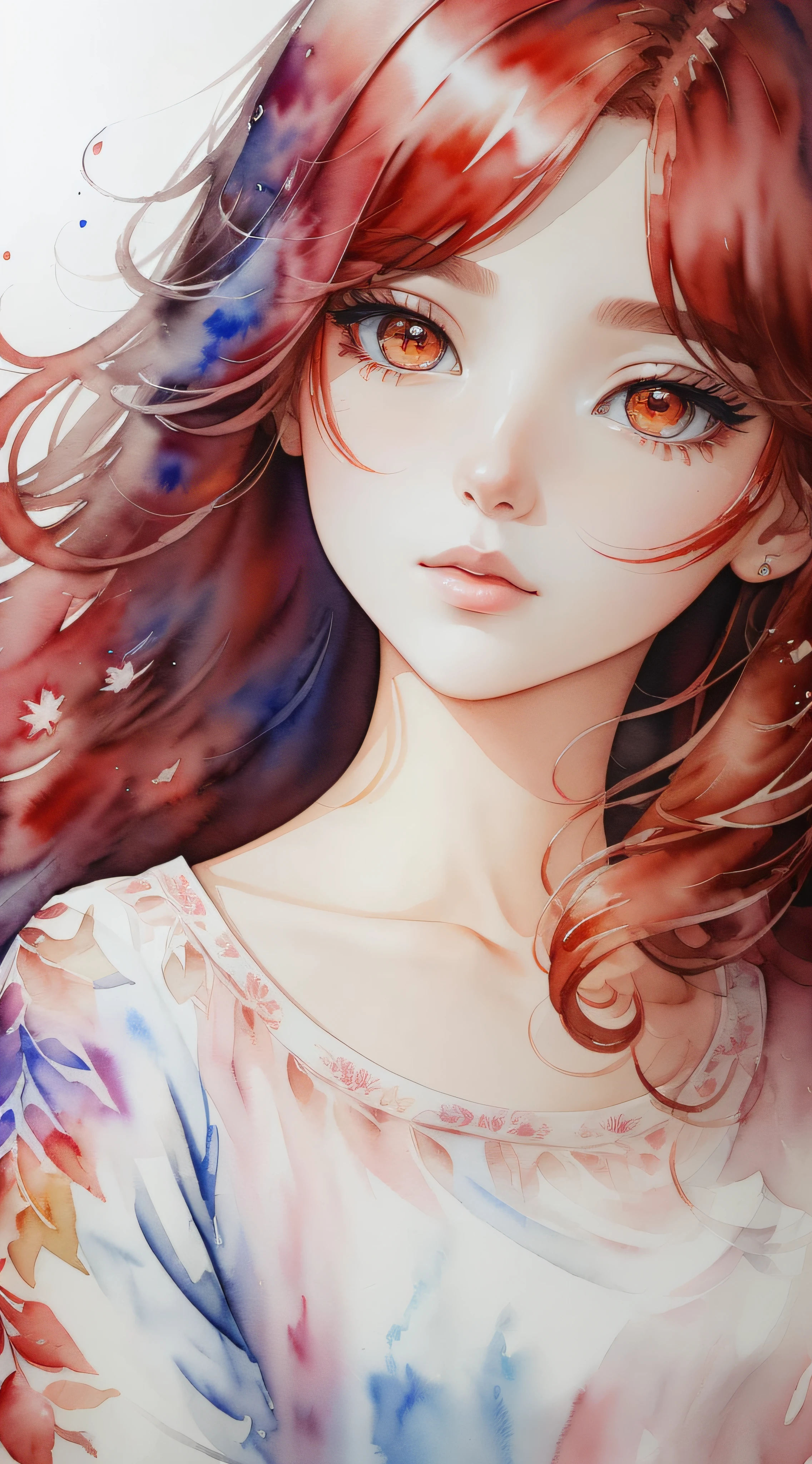 Make the image look like autumn.、(tmasterpiece)、(top-quality:1.1)、(ultra - detailed:1.1)、Best Illustration、detaile、(watercolor paiting:1.4)、(handpainted:1.2)、(Watercolor brush hair)、 1girl in,porate,red tinted hair、
