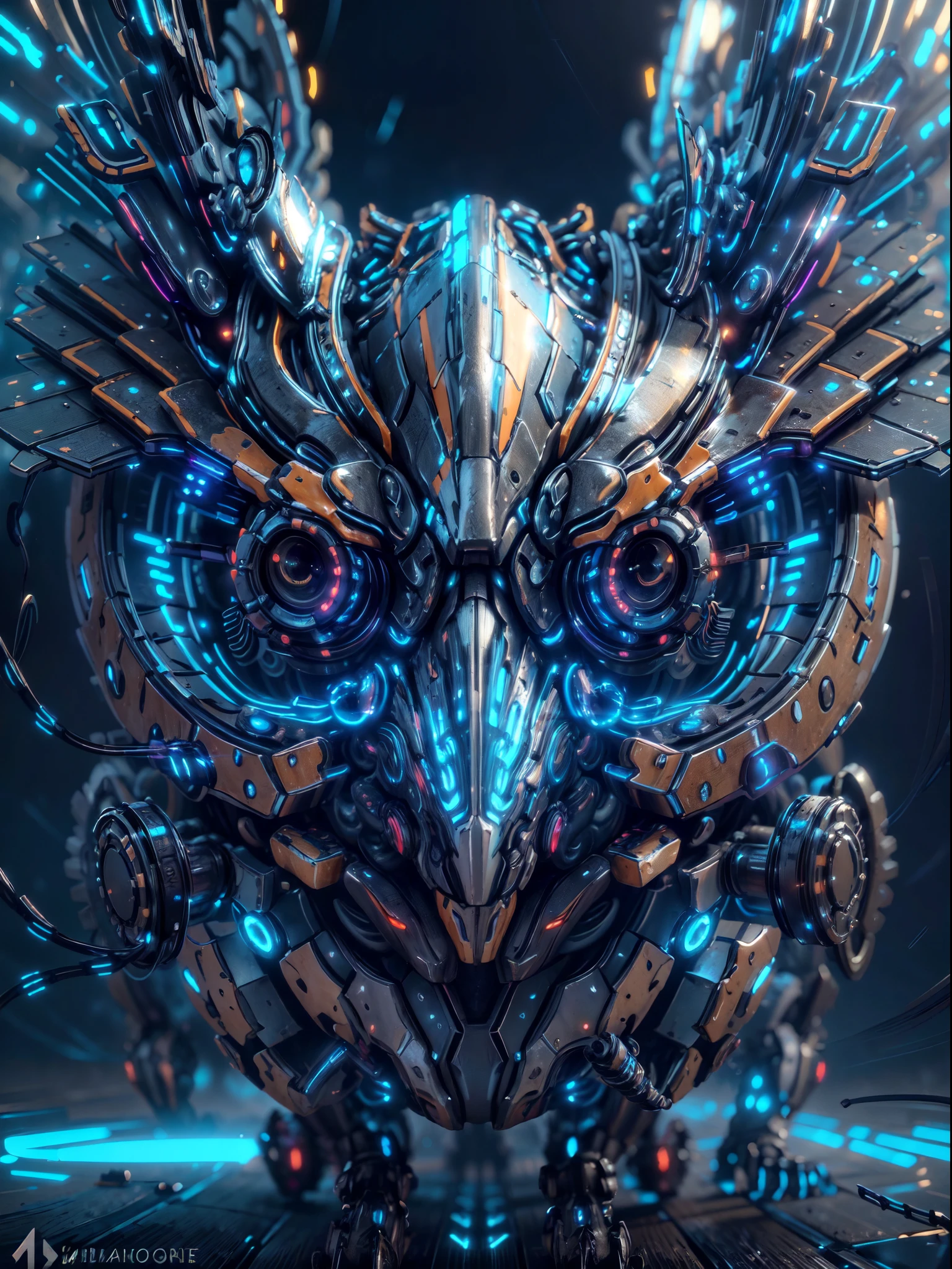 (best quality,4k,8k,highres,masterpiece:1.2),ultra-detailed),futuristic robotic owl,full body,colorful neon light,high-tech mechanical part,metallic claws and wings,metallic head and peck,metallic feathers,extremely cool,metallic legs,bionic eyes,detailed feathers design,sharp beak,hovering in mid-air,electric blue and vibrant purple colors,vivid glowing eyes,reflective metal surface,shadowy environment,dynamic pose,imposing presence,technological advancements,interlocking mechanical gears,dynamic and sleek design,motion blur effect,meticulous craftsmanship,sci-fi atmosphere,streamlined aerodynamic shape,laser scanned patterns,holographic projections,glowing circuitry lines,hauntingly beautiful,otherworldly precision,advanced sensors,complex algorithms,ominous and mysterious ambiance,electrical sparks,shiny chrome plating,futuristic propulsion system