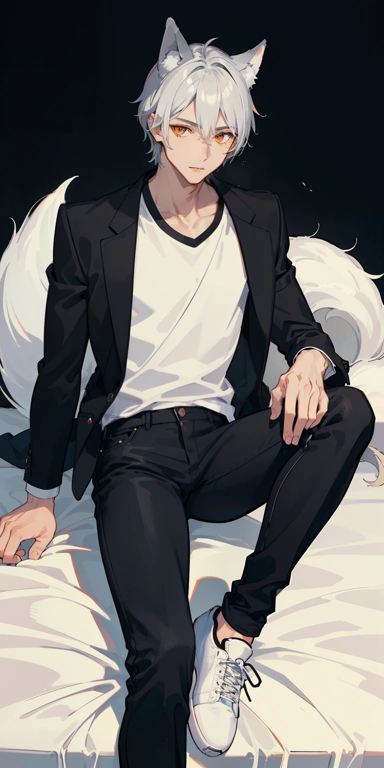 (AS-Young:1.1), (1boys:1.3), (Male focus:1.3), (Solo:1.1), solofocus,
Masterpiece, ((Exquisite_detail)), illustration, (Handsome), extremely_Detailed_CG,
Orange eyes, Silver short bob hair,White fox ears，one fox tail，whitet-shirt，black black jacket，Black Jeans，athletic sneakers，