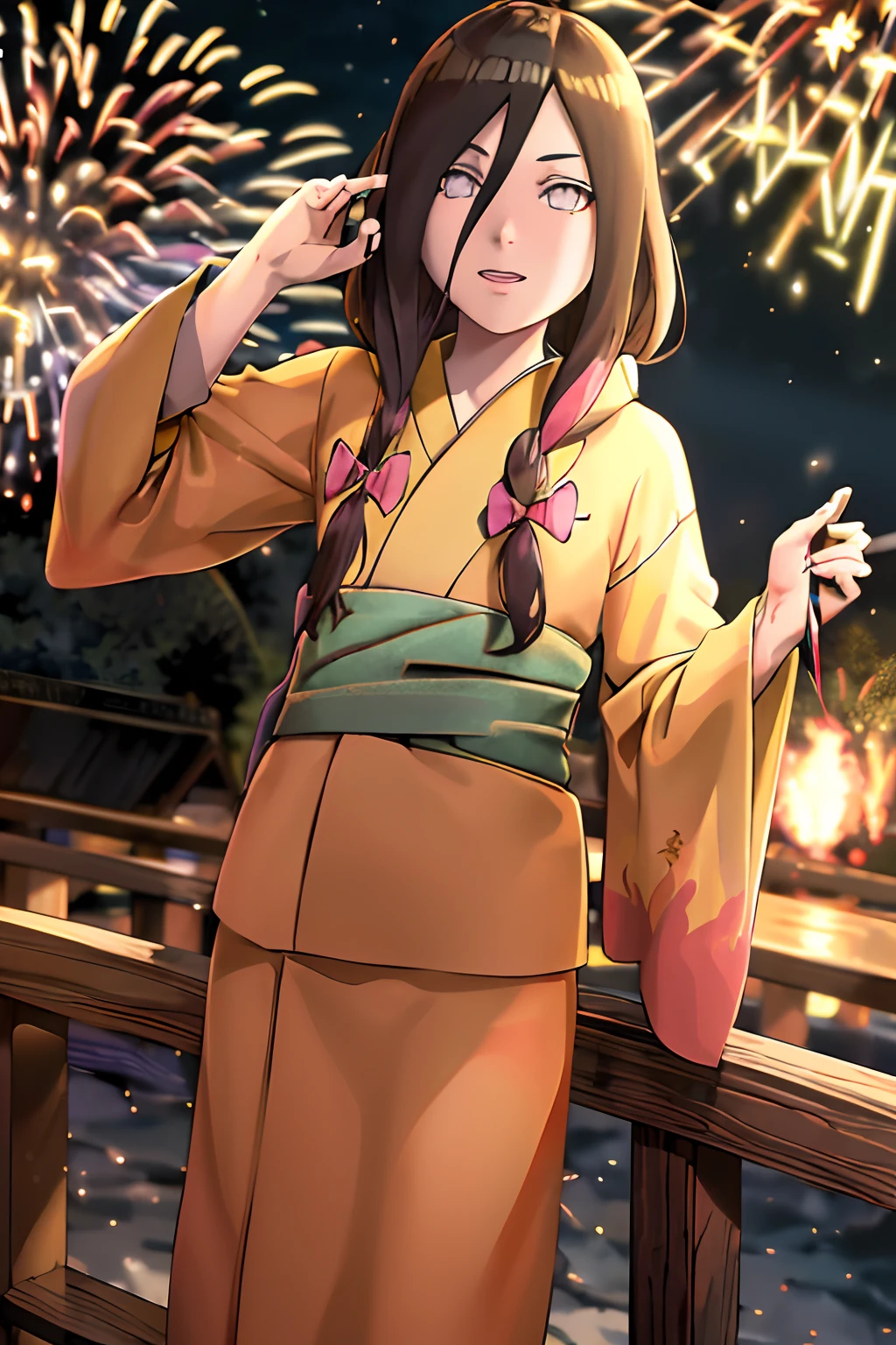 masterpiece, absurdres , (intricate details), (colorful),cinematic lighting,bust shot,extremely detailed CG unity 8k wallpaper ,hana , flame print kimono, outdoors, fireworks, railing,  obi, hair bow,