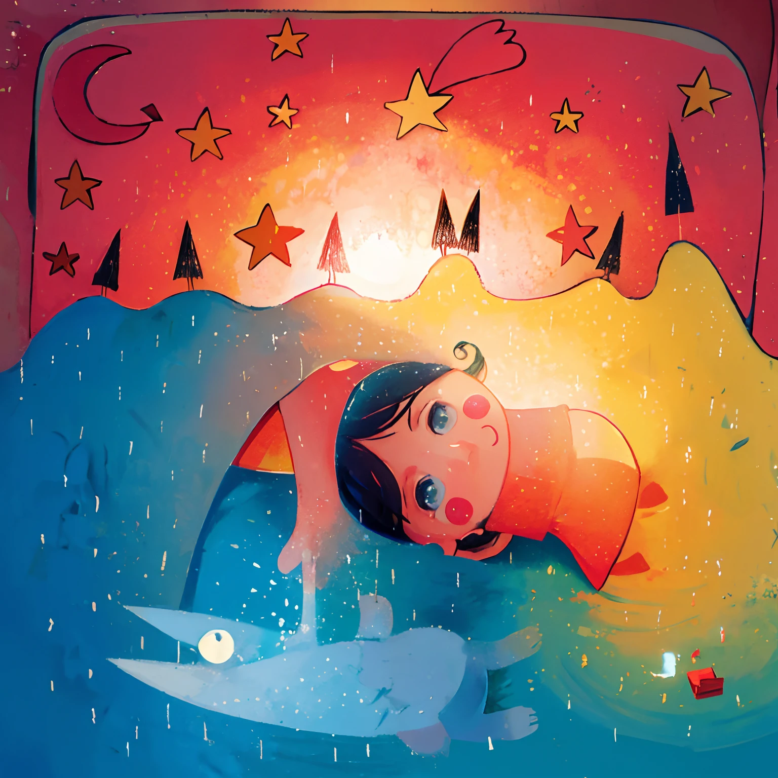 Illustration of a boy lying on the ground in the rain, illustration for children, cute storybook illustration, childrens illustration, Children's illustration, illustration of children's books, illustration of children's books, illustration of children's book, dreamy illustration, fairy tale illustration, inspirado em Oswaldo Viteri, illustration of children's book, illustration for children's book, children illustration, inspirado em Nara Yoshitomo
