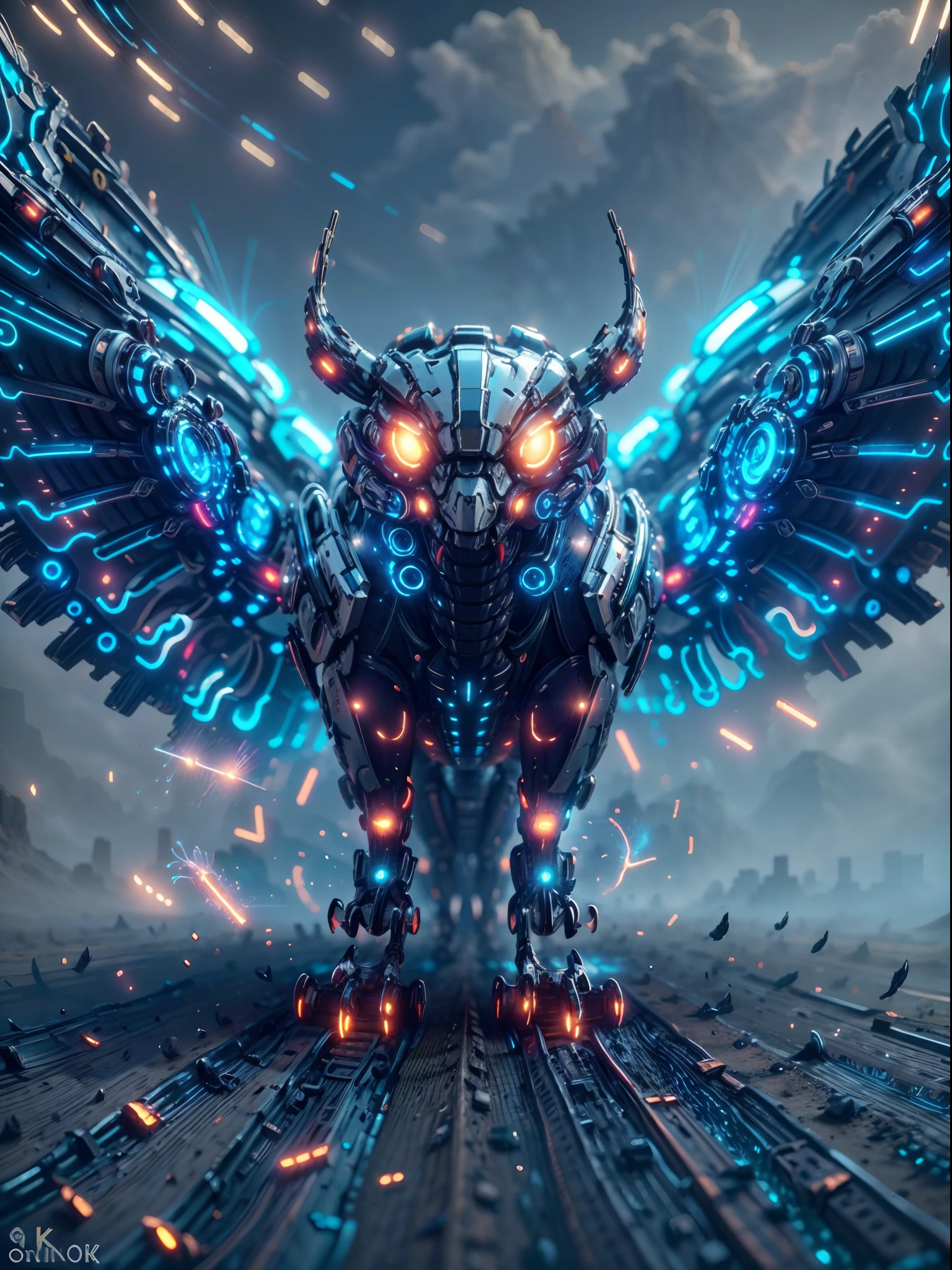 (best quality,4k,8k,highres,masterpiece:1.2),ultra-detailed),futuristic robotic owl,full body,colorful neon light,high-tech mechanical part,metallic claws and wings,metallic head and peck,metallic feathers,extremely cool,metallic legs,bionic eyes,detailed feathers design,sharp beak,hovering in mid-air,electric blue and vibrant purple colors,vivid glowing eyes,reflective metal surface,shadowy environment,dynamic pose,imposing presence,technological advancements,interlocking mechanical gears,dynamic and sleek design,motion blur effect,meticulous craftsmanship,sci-fi atmosphere,streamlined aerodynamic shape,laser scanned patterns,holographic projections,glowing circuitry lines,hauntingly beautiful,otherworldly precision,advanced sensors,complex algorithms,ominous and mysterious ambiance,electrical sparks,shiny chrome plating,futuristic propulsion system