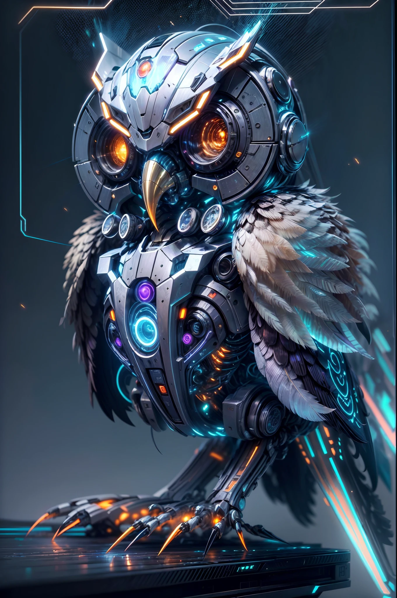 (best quality,4k,8k,highres,masterpiece:1.2),ultra-detailed),futuristic robotic owl,full body,colorful neon light,high-tech mechanical part,metallic claws and wings,metallic head and peck,metallic feathers,extremely cool,metallic legs,bionic eyes,detailed feathers design,sharp beak,hovering in mid-air,electric blue and vibrant purple colors,vivid glowing eyes,reflective metal surface,shadowy environment,dynamic pose,imposing presence,technological advancements,interlocking mechanical gears,dynamic and sleek design,motion blur effect,meticulous craftsmanship,sci-fi atmosphere,streamlined aerodynamic shape,laser scanned patterns,holographic projections,glowing circuitry lines,hauntingly beautiful,otherworldly precision,advanced sensors,complex algorithms,ominous and mysterious ambiance,electrical sparks,shiny chrome plating,futuristic propulsion system