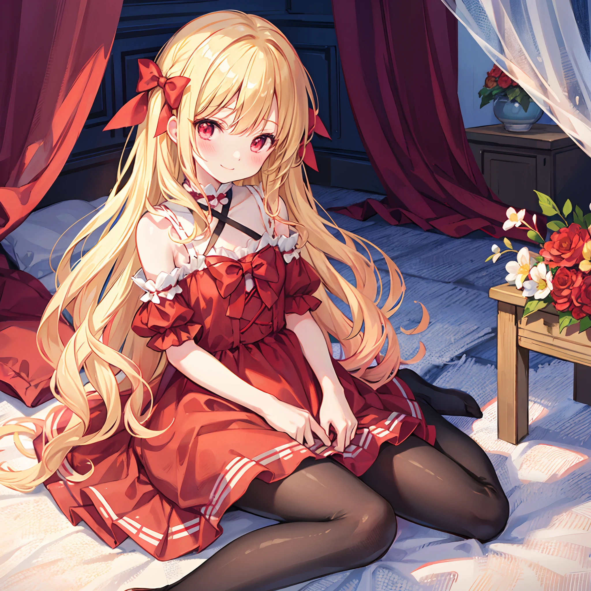 masterpiece, highest quality, Very detailed, 16k, Ultra-high resolution, Cowboy Shot, One 8-year-old girl, Detailed face, Perfect Fingers, Golden Eyes, Blonde,  Original Costume, Twin tails, bonnet、Red dress、White Panties Western-style House, bed, Lie on your back