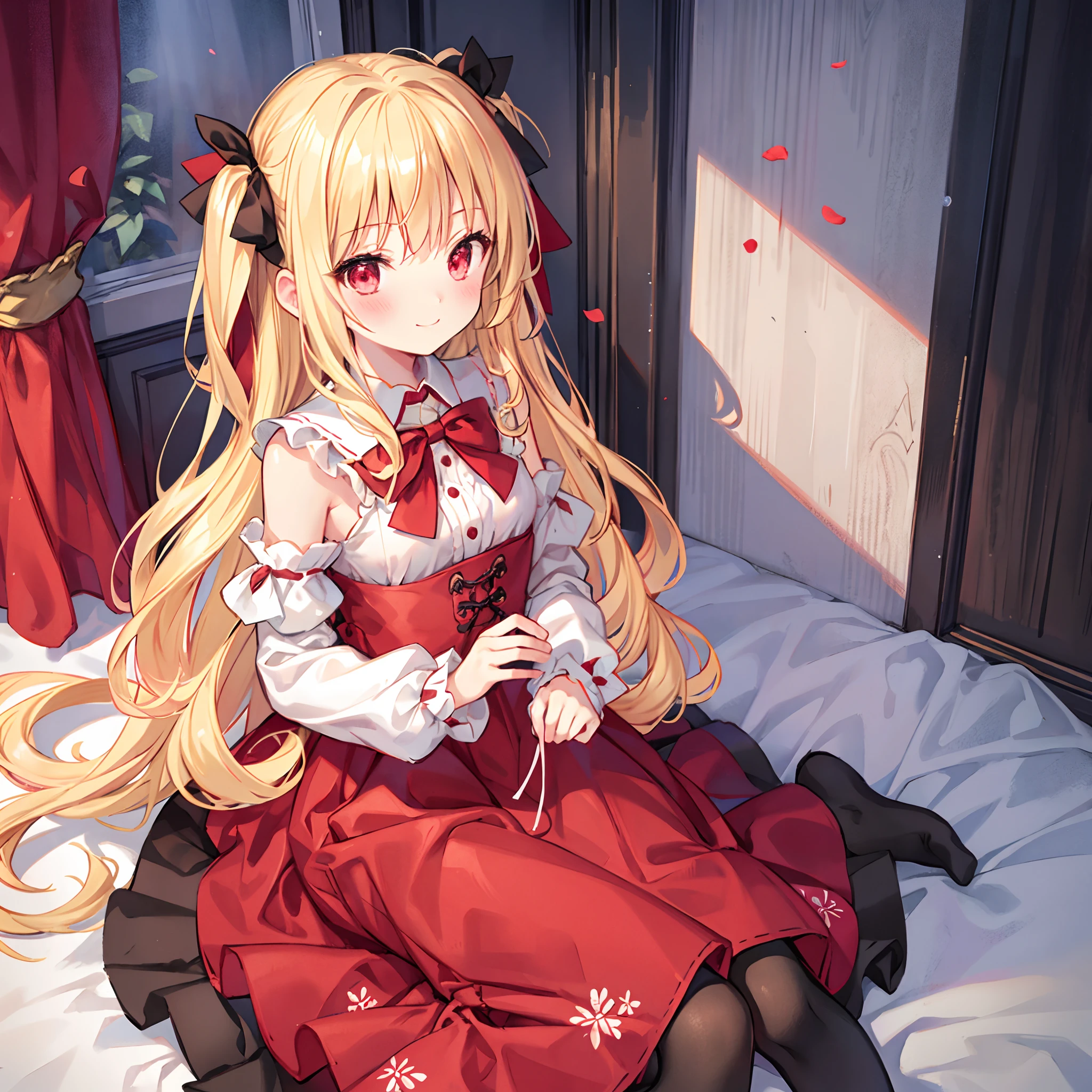 Wavy blonde、red eyes、bow ribbon、Beautiful girl alone、red blush、Fluffy clothes、off shoulders、Black tights、Surrounded by flowers、Western-style room、Sitting on the floor、A smile、Panchira