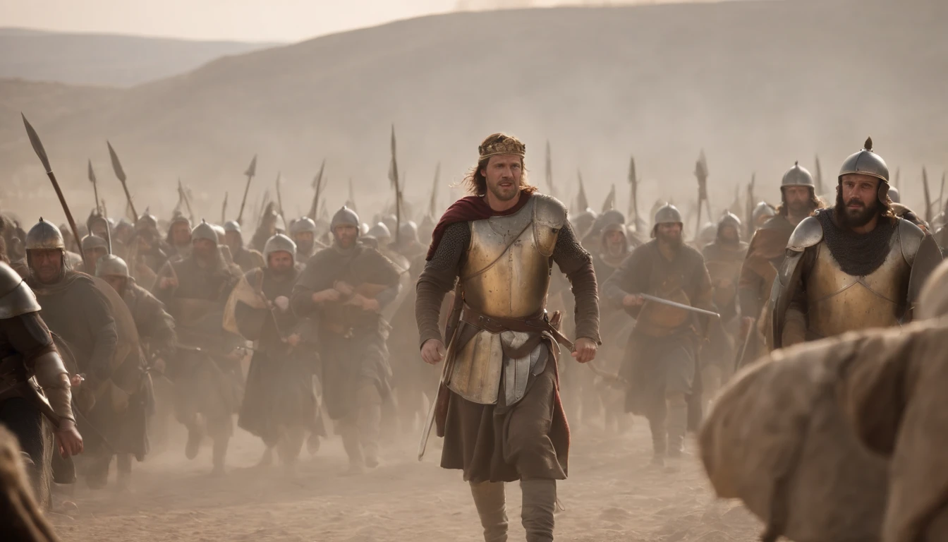 "In a battlefield shrouded in dust and chaos, King David leads his warriors against the Philistine armies. The clang of swords, the roar of battle cries, and the unyielding spirit of David's troops are set against the backdrop of a pivotal confrontation that will decide the fate of Israel."