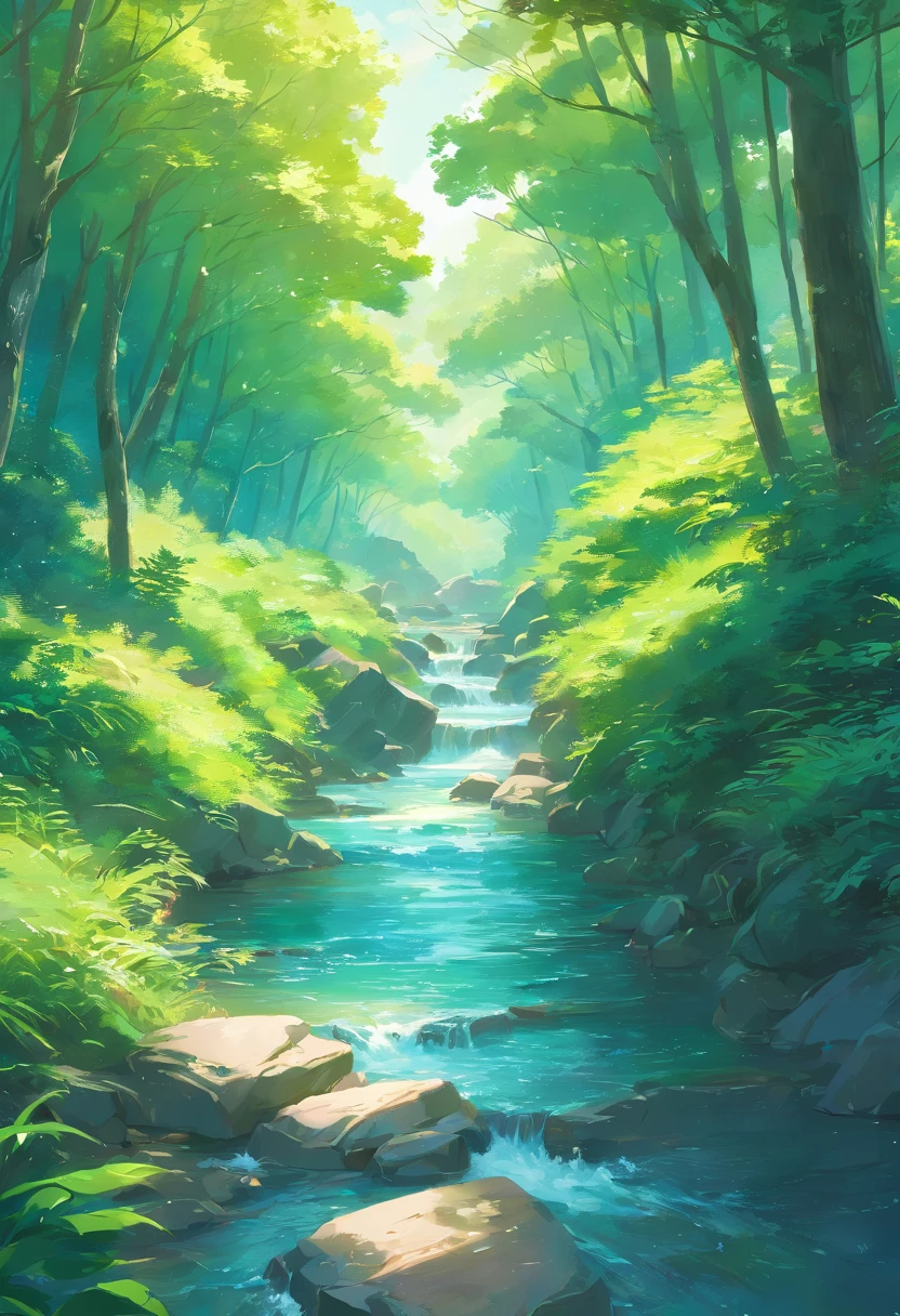 Close-up of a stream flowing through a lush green forest, ross tran. scenery background, ryan dyar, environment painting, Beautiful oil matte painting, photorealistic landscapes, 4k hd matte digital painting, 8 k resolution digital painting, 8k resolution digital painting, hyperrealistic landscape, inspired by Raphael Lacoste, Illustration matte painting, beautiful digital painting