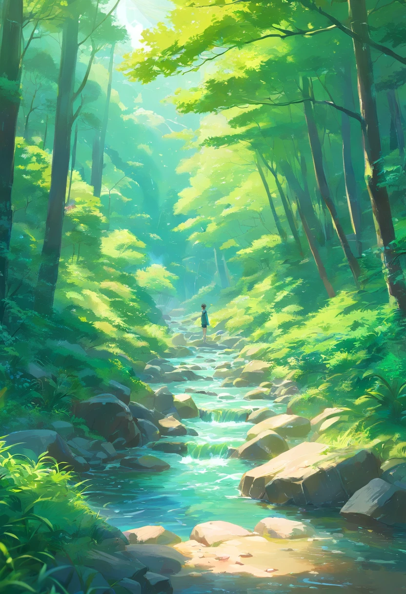 Close-up of a stream flowing through a lush green forest, ross tran. scenery background, ryan dyar, environment painting, Beautiful oil matte painting, photorealistic landscapes, 4k hd matte digital painting, 8 k resolution digital painting, 8k resolution digital painting, hyperrealistic landscape, inspired by Raphael Lacoste, Illustration matte painting, beautiful digital painting