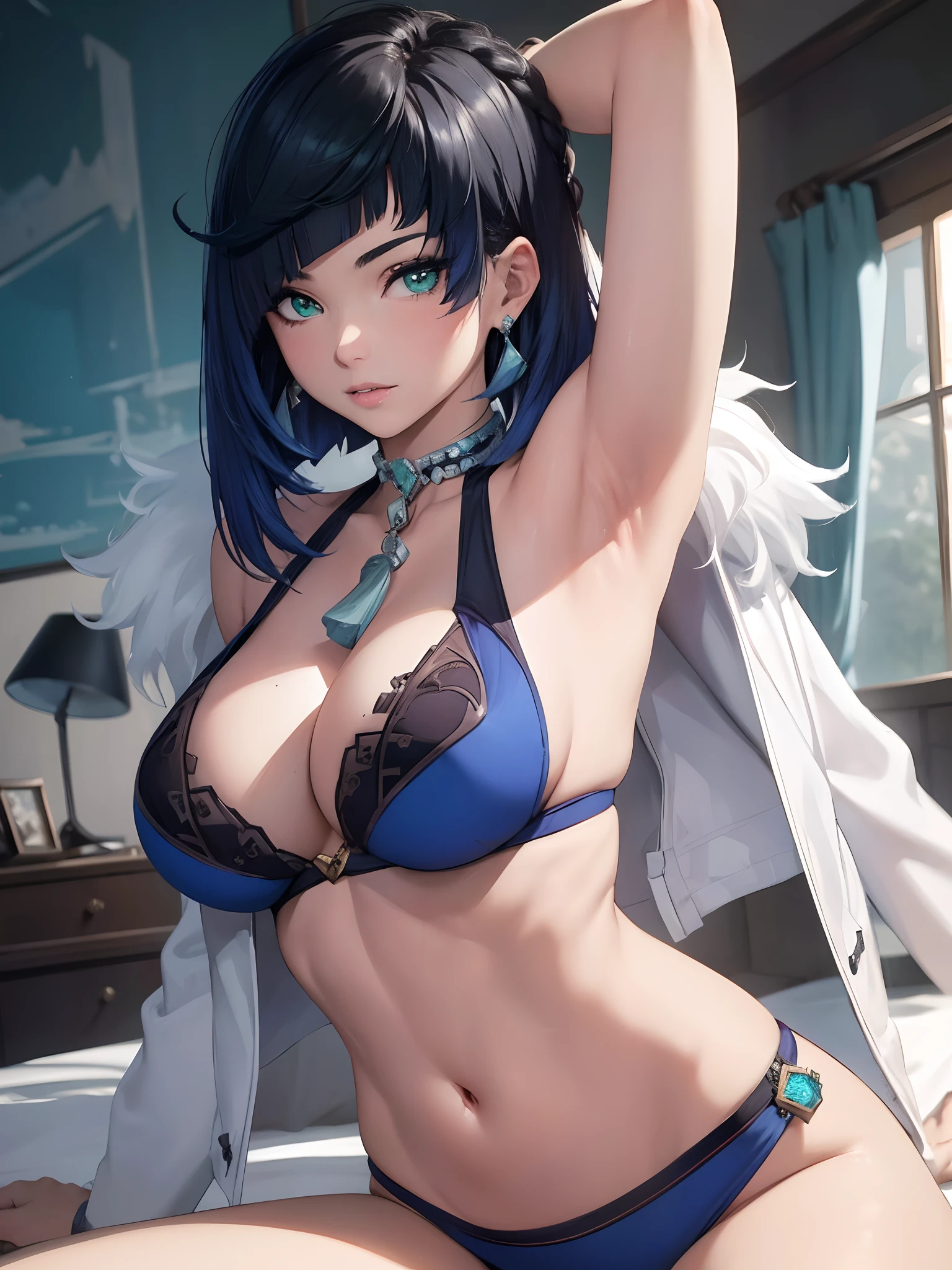 ((top quality, 8k, masterpiece: 1.3, ultra hd, high quality, best quality, high definition, realism)), sharp focus: 1.5, Beautiful woman with Slim body, Dark blue straight hair, Beautiful Green tosca eyes, Big breasts, Abs, Tight dark blue bikini, Seductive straddle pose on bed, The pubic shape is clearly visible, Armpit.