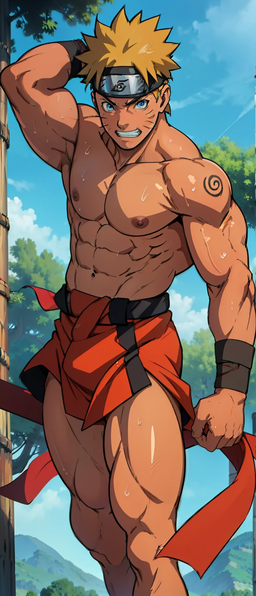 (muscular thigh muscles ) (photo angle from bottom up)(Drawings of Naruto anime) (photo angle from the ground upwards) [Anime photo][highest quality photo][4k,HD photo quality ] wear tight and short loincloths  ,the loincloth bulges due to the erect male genitals (muscular thigh muscles, firm thigh muscles, muscular thigh muscles, sinewy thigh muscles, giant thigh muscles, strong leg muscles, muscular hamstring leg muscles) ,Uzumaki Naruto fun, happy,bodybuilder,bodybuilding, standing, red skin, pink skin, tanned skin,reddish brown skin, lots of sweat flowing down, topless, shirtless, hot sunny, (do not wear banners,do not wear headbands) blue eyes, 8 pack abs