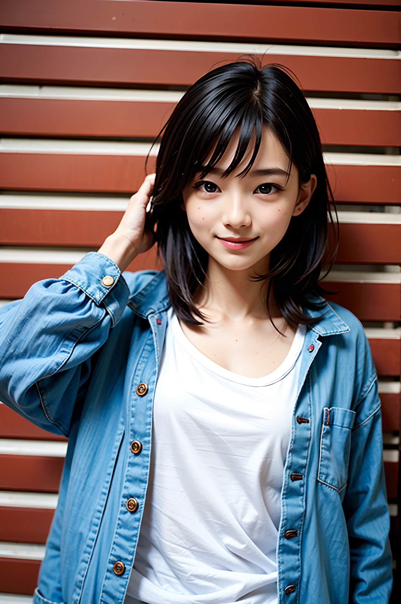 masterpiece, top-quality、Raw foto, Photorealsitic、1womanl、Face shot、15yo student、Yokohama Red Brick Warehouse、Leaning against the wall、oversize jacket、sideshot、Autumn clothes in warm colors、A smile、Smaller chest、unbelievable Ridiculous、depth of fields, hight resolution, ultra-detailliert, foco nítido, Cinematic lighting、Add highlights to the eyes