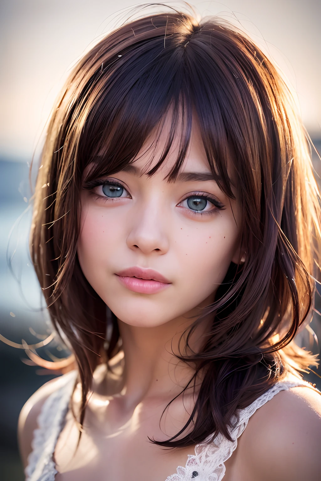(realistic, photo-realistic:1.37),(8k, RAW photo, best quality, masterpiece:1.2), cute, ultra-detailed,heart-shaped pupils,physically-based rendering, ultra high res, kodakvision color, shot on Arricam LT Camera, bokeh, sharp focus,
looking at viewer,photorealistic,realistic, solo, photorealistic, best quality,extremely detailed face,extremely detailed eyes and face, beautiful detailed eyes,absurdres, incredibly absurdres,haunting smile,Messy hair, floating hair, ,