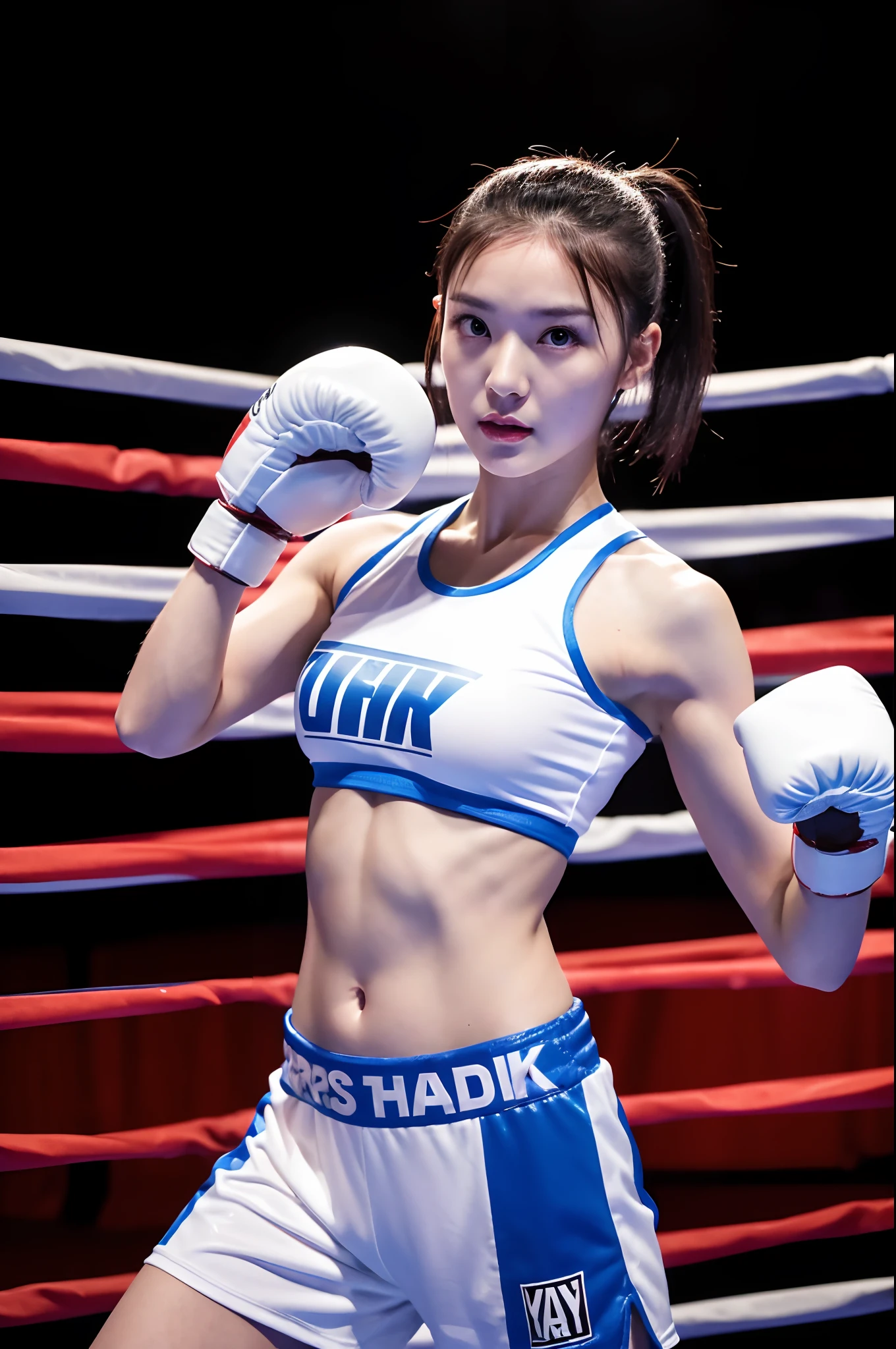 arafed woman in a boxing ring with a white glove, posing ready for a fight, in a boxing ring, she is ready to fight, posing for a fight, fighter pose, in a fighting pose, boxing, fight pose, boxing match, chengyou liu, wenfei ye, gorgeous young korean woman, korean girl, in a fighting stance