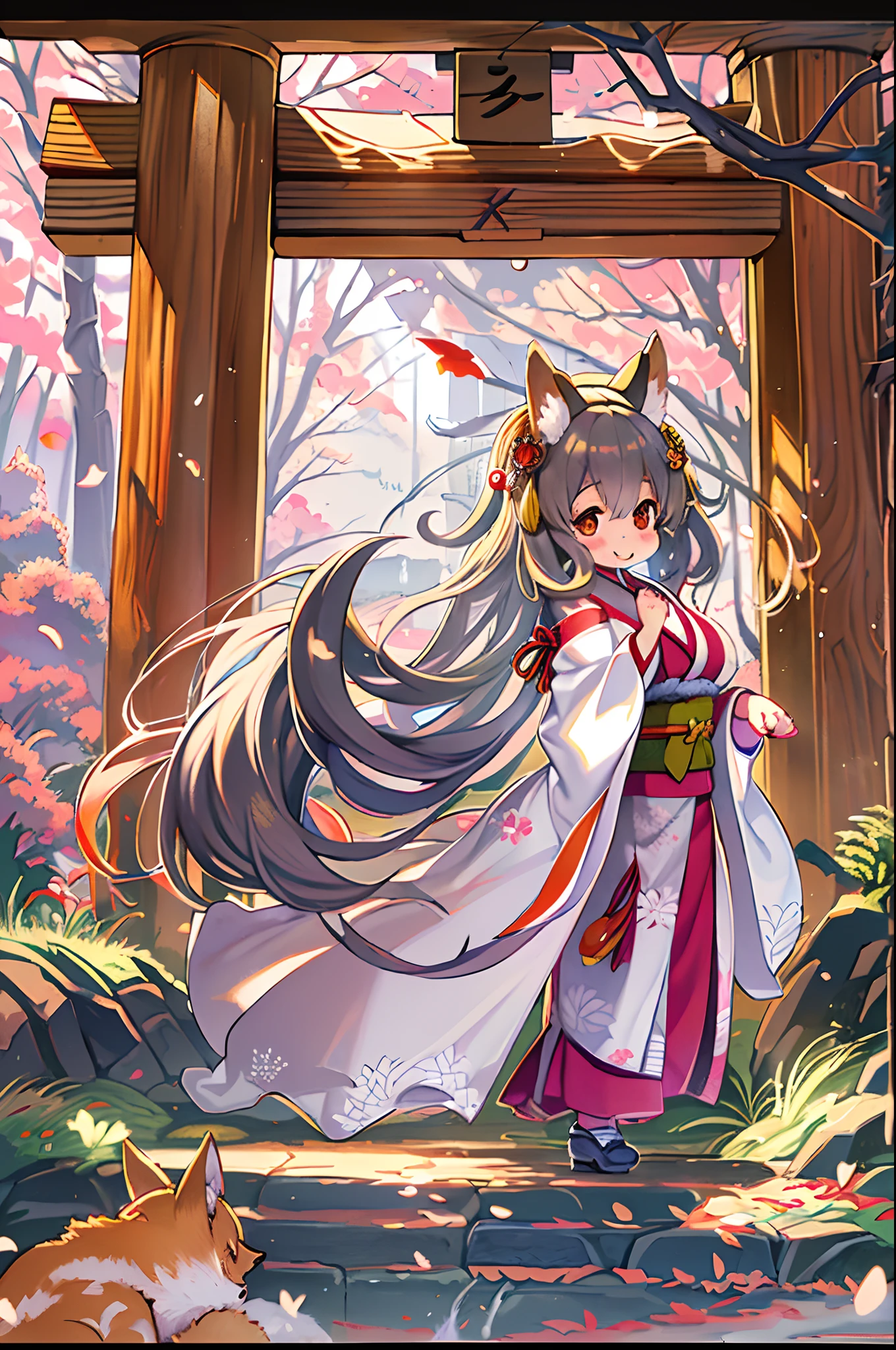 Fox Woman、body covered with fur、huge-breasted、kawaii、shrine maiden、Japan white clothes,Red Hakama、torii gate,((oblique angle))、winking、A big smile、bbw、thick thight、big butts、Ultramammy,Chibi,Nanachi, autumn day,kaede、 Pines, Anime Background Art, japanese art style, beautiful anime scene, detailed scenery - width 672, Background art, Anime landscapes, Anime Background, Beautiful anime scenery, Beautiful peace scenes in anime, landscape artwork, Japan Village, Anime landscape concept art, 8K))、a lot of fallen leaves、Water twinkle、Springs in the mountains、Main shrine、chii