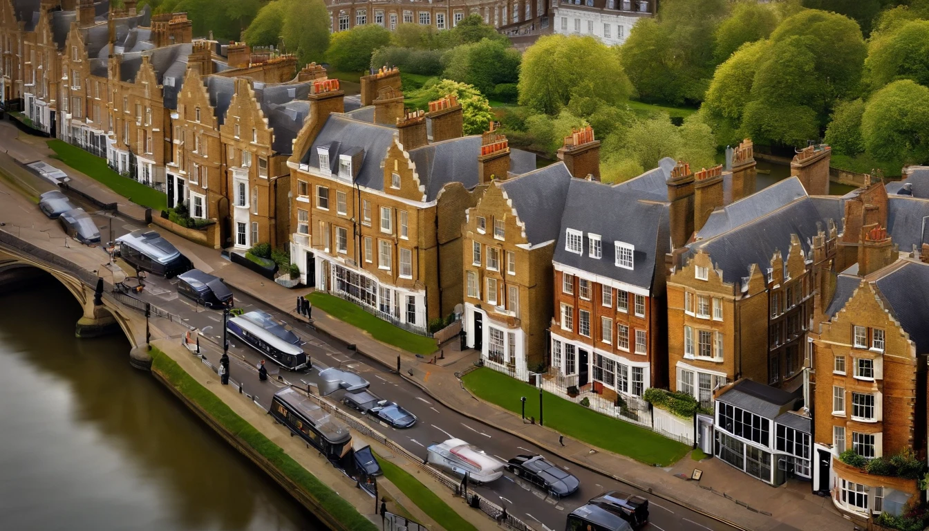 Aerial photograph of a house in the UK，A row of sloping houses，Diagonal composition，Thames embankment,no trees，Big Ben, london, Rich in detail，Photo realistic style oil painting digital