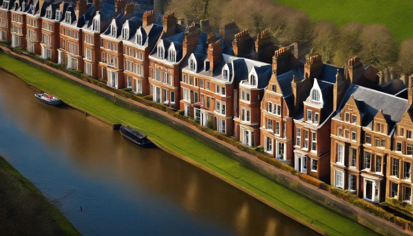 Aerial photograph of a house in the UK，A row of sloping houses，Diagonal composition，Thames embankment,no trees，Big Ben, london, Rich in detail，Photo realistic style oil painting digital