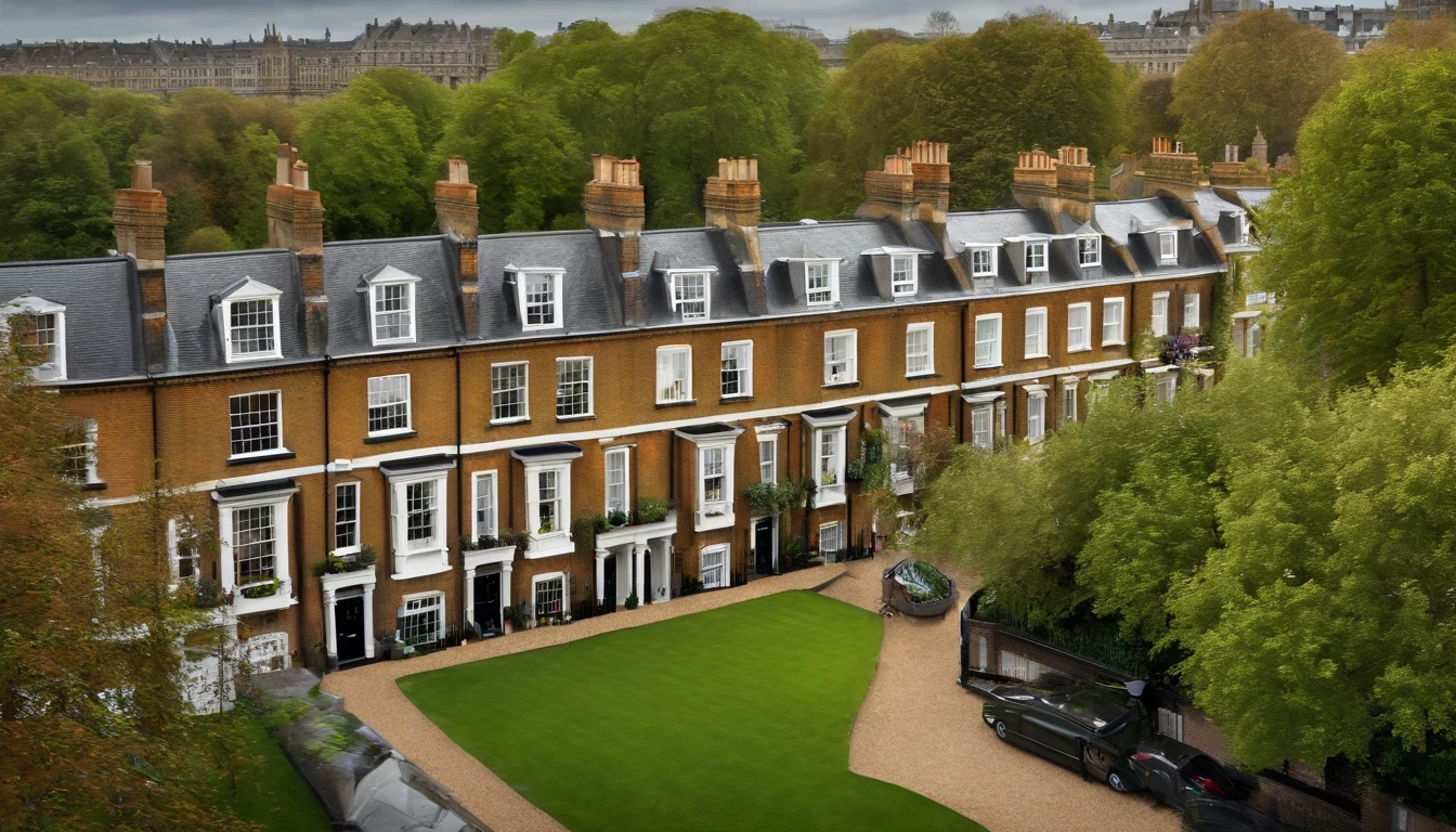 Aerial photograph of a house in the UK,A row of sloping houses,Diagonal composition,Thames embankment,no trees,Big Ben, london, Rich in detail,Photo realistic style oil painting digital