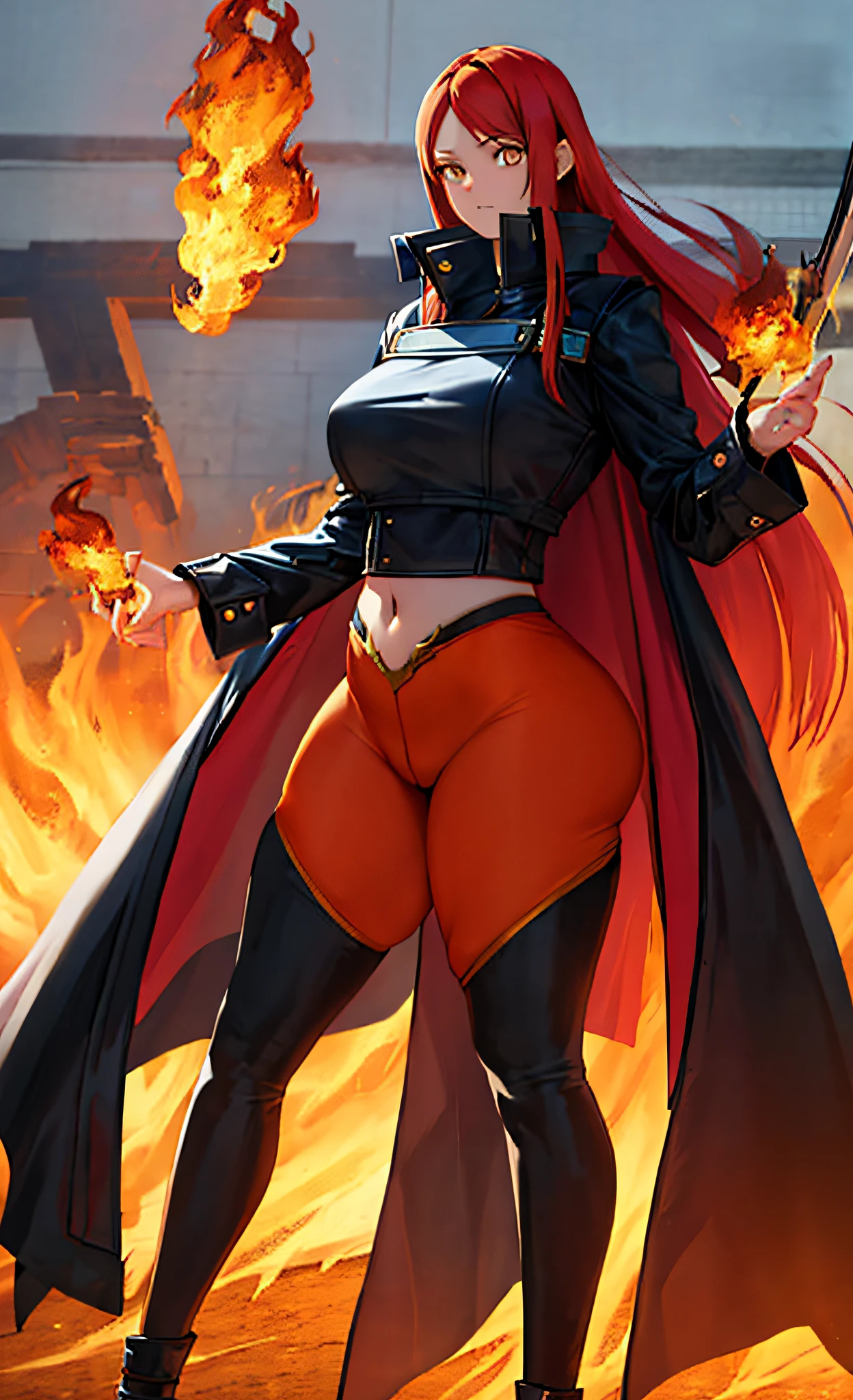 ultra-detailed, illustration, 1girl, Best quality, masterpiece, ultra high res, (photorealistic:1.4), cold light, wearing black and red leggins, big ass, big legs, thick thighs, small waist, big hips, female, red hair, long hair, loose hair, yellow eyes, wearing black coat, use a katana, magical warrior, confident, (masterpiece:1.2, best quality), beautiful, a 23yo woman, fiery hair, fire goddess, (glowing red eyes), extremely detailed face, beautiful detailed eyes, defined jawline, (perfect anatomy), wearing red armor, midriff, textured skin, hot lighting, flames, embers, measures 70-40-95, beautiful figure, confidant, wearing black leggins, big legs, highly voluptuous thighs, wears a black coat, fire powers, fire hero, big ass, solo girl, thick legs,