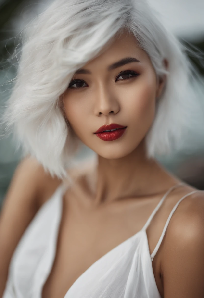 white hair,short cut hair,Red eyes,The bikini,femele,a small face,Asian