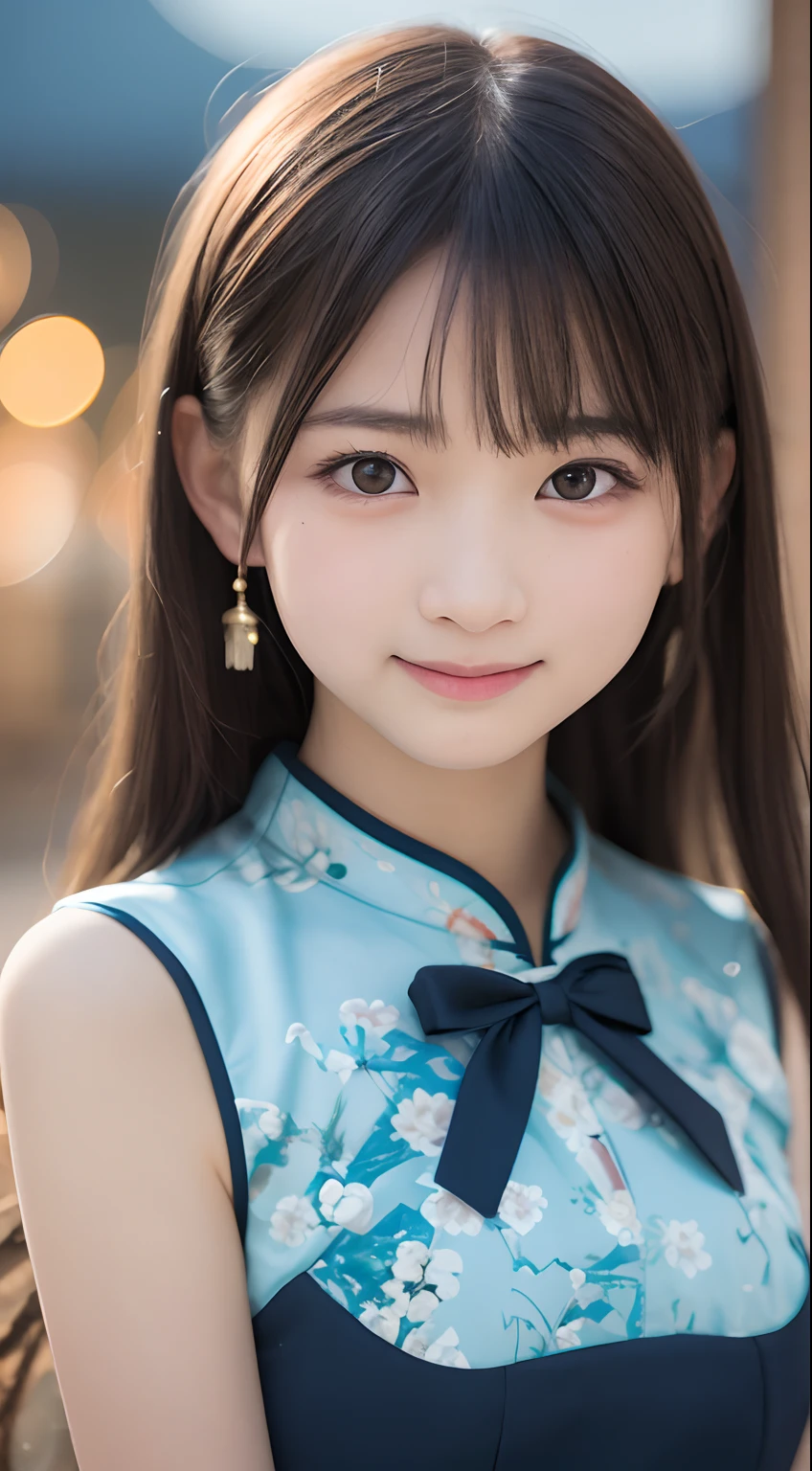masutepiece, Best Quality, 8K, 8years old, Teen, Raw photo, absurderes, award winning portrait, Smile, Solo, (Night:1.8), Idol face, Delicate girl, Upper body, Digital SLR, Looking at Viewer, Candid, Sophisticated,Thin arms, Professional Lighting, Film grain, chromatic abberation, (Eyes and faces with detailed:1.0), (Bokeh:1.1) , (qipao dress:1.1) , closes mouth