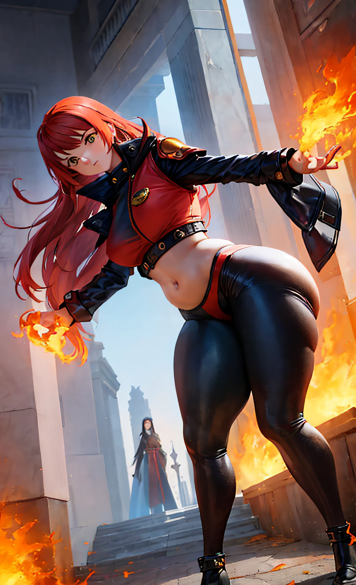 ultra-detailed, illustration, 1girl, Best quality, masterpiece, ultra high res, (photorealistic:1.4), cold light, wearing black and red leggins, big ass, big legs, thick thighs, small waist, big hips, female, red hair, long hair, loose hair, yellow eyes, wearing black coat, use a katana, magical warrior, confident, (masterpiece:1.2, best quality), beautiful, a 23yo woman, fiery hair, fire goddess, (glowing red eyes), extremely detailed face, beautiful detailed eyes, defined jawline, (perfect anatomy), wearing red armor, midriff, textured skin, hot lighting, flames, embers, measures 70-40-95, beautiful figure, confidant, wearing black leggins, big legs, highly voluptuous thighs, wears a black coat, fire powers, fire hero, big ass, solo girl, thick legs,