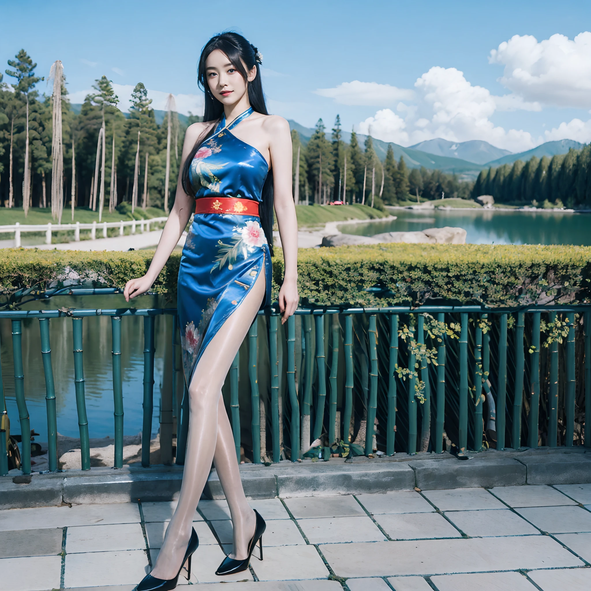 Masterpiece, Best quality, offcial art, 8K wallpaper, Very detailed, illustration, 1 boy, Chinese style, ink, Sky blue hair, Long hair, Detailed eyes, Forrest's fun, Bare shoulders, Hanfu, Lake, Pure, Soft smile, Bamboo, Tea,Flesh-colored pantyhose,high-heels