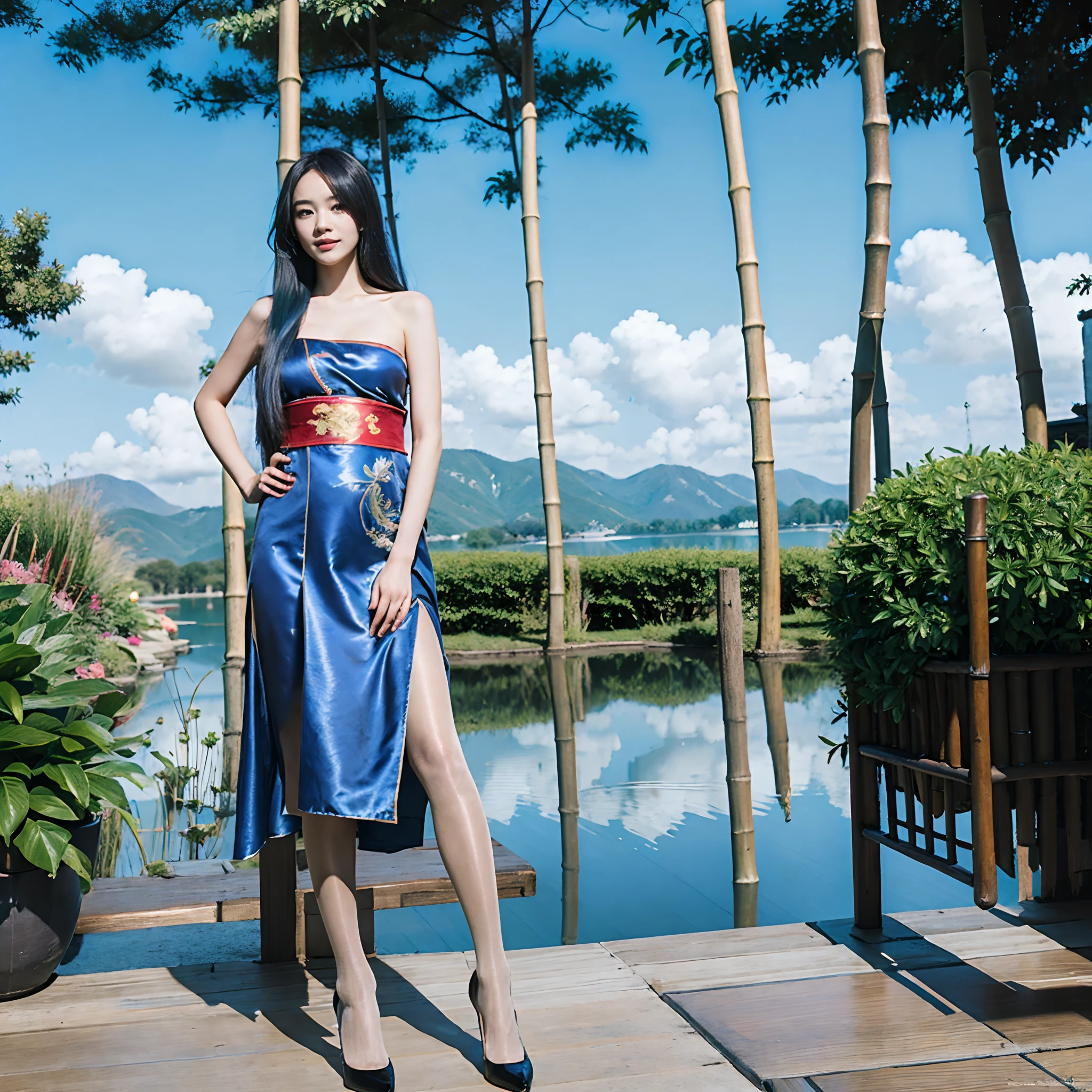 Masterpiece, Best quality, offcial art, 8K wallpaper, Very detailed, illustration, 1 boy, Chinese style, ink, Sky blue hair, Long hair, Detailed eyes, Forrest's fun, Bare shoulders, Hanfu, Lake, Pure, Soft smile, Bamboo, Tea，Flesh-colored pantyhose，high-heels