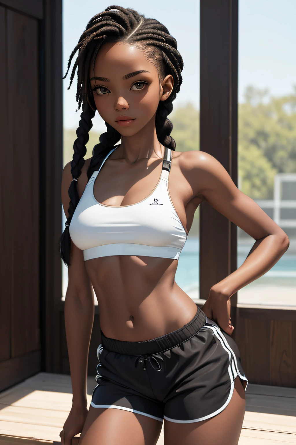 (masterpiece, best quality), deep ebony 1girl, beautiful face, freely hanging braids, sport bra, ((sport shorts))