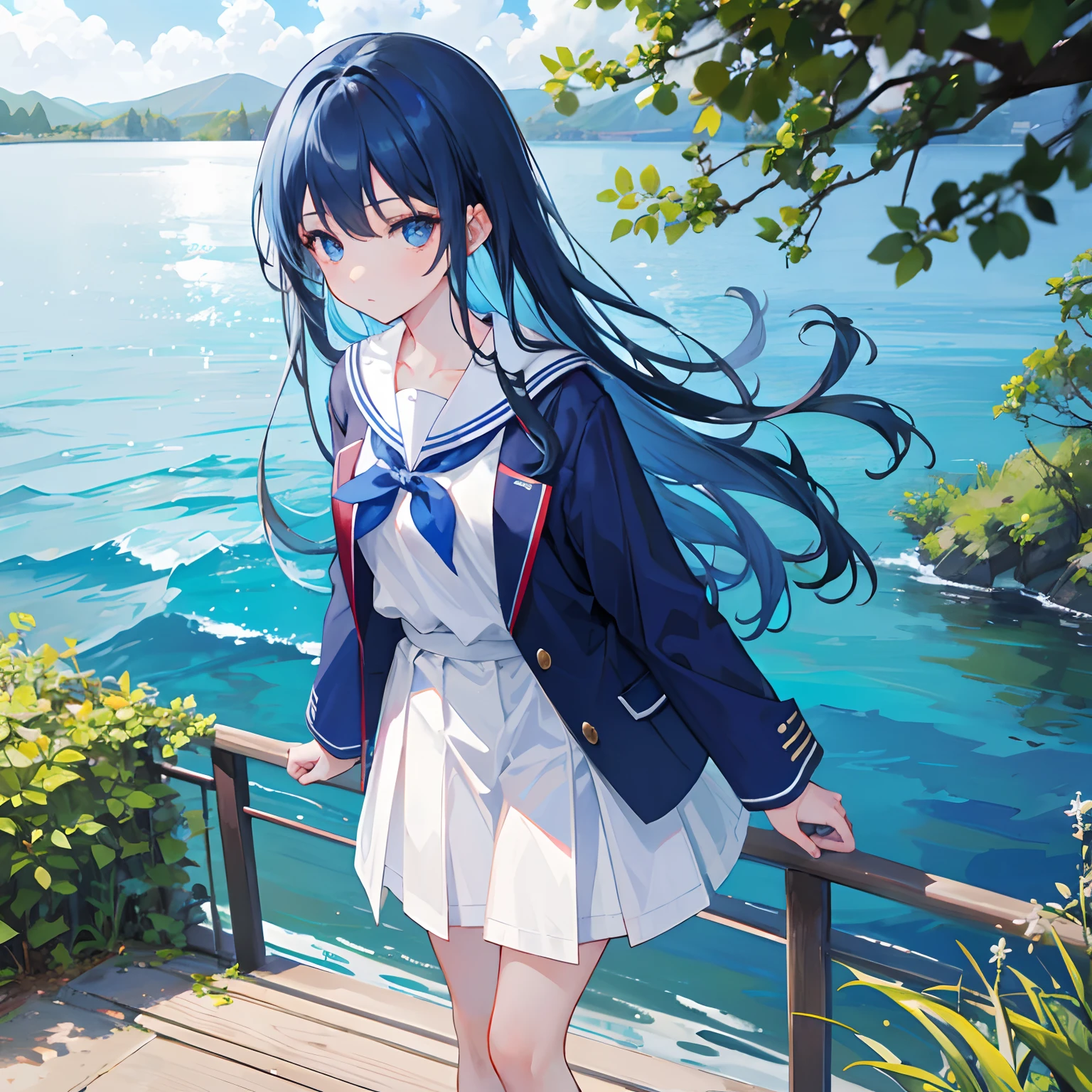 1 girl, blue eye and red eye, wearing blue and white school uniform, standing next to a lake