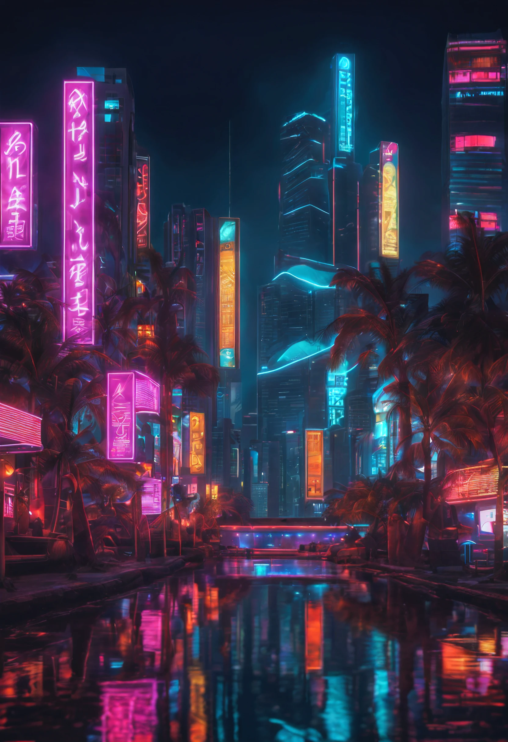 Uma bela foto de uma paisagem de uma cidade estilo cyberpunk de noite com neons e leds realista, 8k, vetorizado, High Definition, hdr