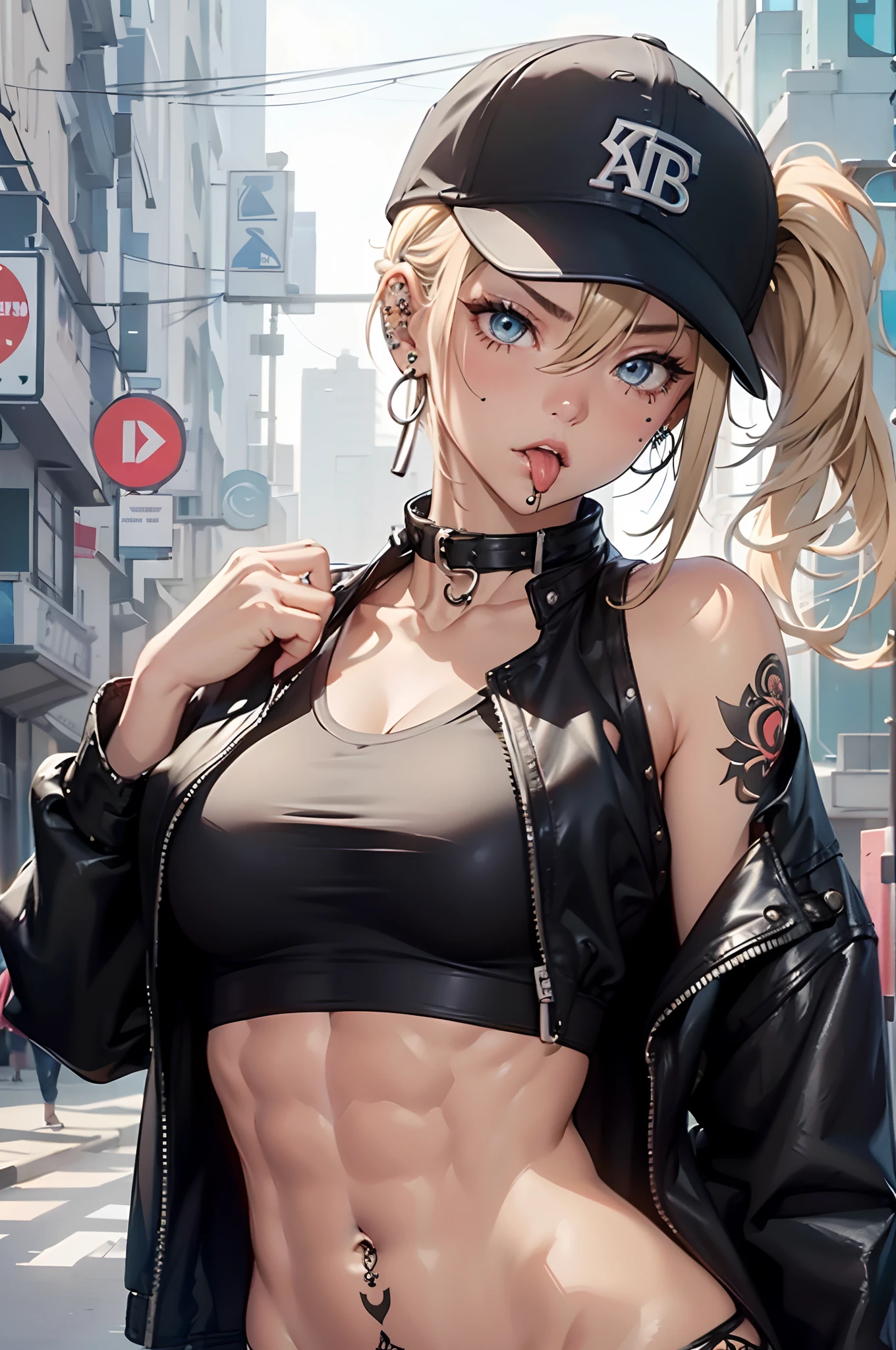master piece,hyper quality, Hyper Detailed,Perfect drawing,NFSW,。.。.3D,8K Illustration、clearface、Hi-Res、1 persons、bad-girl、a blond、messy hair style、Two-block hair、Side tail、Hanging eyes、Outrage、((glares))、Wrinkles between the eyebrows、Open your mouth、Lick your lips with your tongue、(((body piercings)))、Piercing 、A lot of piercings on the face、Street fashion、Tank Tops、Wearing a leather jacket crudely、leather pant、espadrilles、Baseball Cap、abdominals、(Beautiful muscles)、Trim your hair with a comb、Street、Slum、Detailed drawing、Perfect Photo