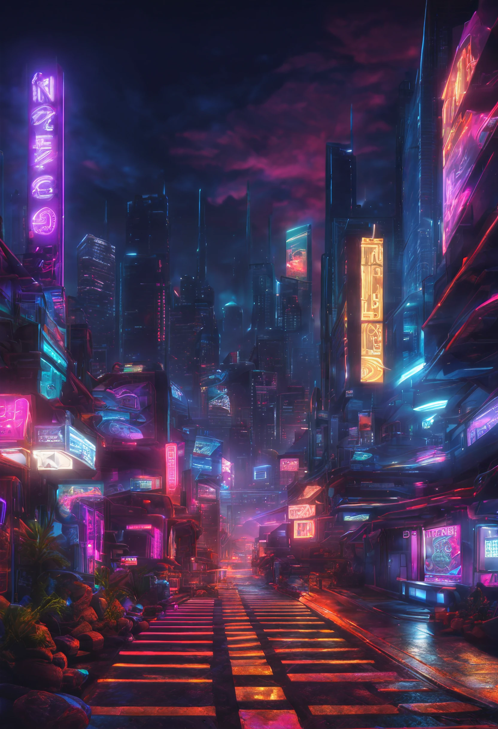 Uma bela foto de uma paisagem de uma cidade estilo cyberpunk de noite com neons e leds realista, 8k, vetorizado, High Definition, hdr