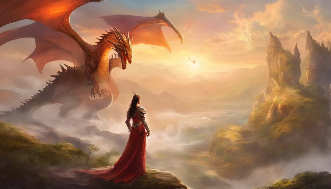 There's a woman dressed in revealing armor standing with a giant dragon behind her, dragon in the background, ultra detailed, photorealistic, masterpiece.