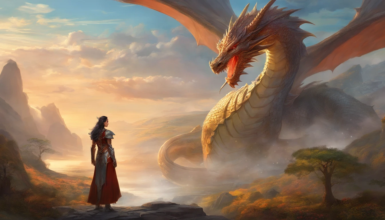 There's a woman dressed in revealing armor standing with a giant dragon behind her, dragon in the background, ultra detailed, photorealistic, masterpiece.