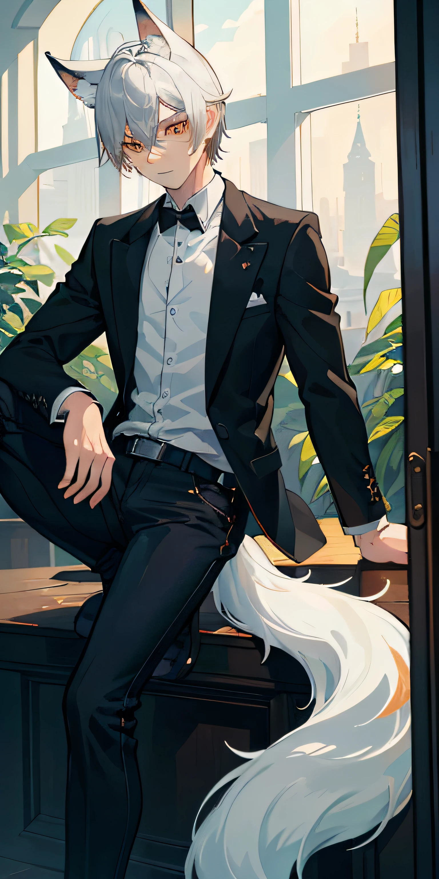 (AS-Young:1.1), (1boys:1.3), (Male focus:1.3), (Solo:1.1), solofocus,
Masterpiece, ((Exquisite_detail)), illustration, (Handsome), extremely_Detailed_CG,
Orange eyes, Silver short bob hair,White fox ears,one fox tail,whitet-shirt,black black jacket,Black Jeans,athletic sneakers,