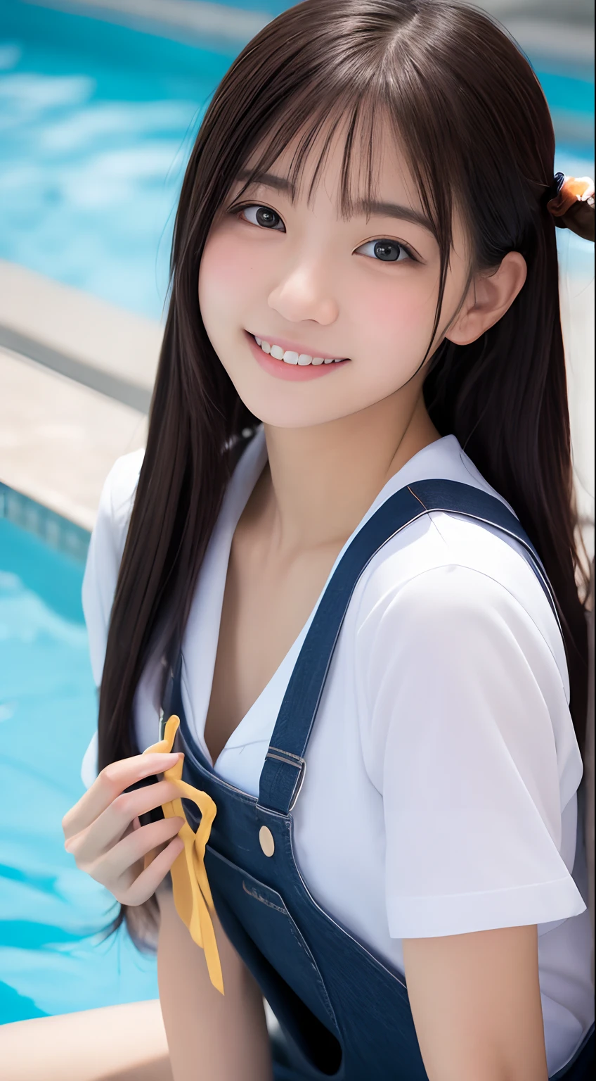 masutepiece, Best Quality, 8K, 10yaers old, Teen, Raw photo, absurderes, award winning portrait, Smile, Solo, Idol face, violaceaess, Delicate girl, Upper body, Digital SLR, Looking at Viewer, Candid, Sophisticated,Thin arms, Professional Lighting, Film grain, chromatic abberation, (Eyes and faces with detailed:1.0), (Bokeh:1.1) , (Sailor Uniform,pinafore:1.1) , closes mouth , In the pool