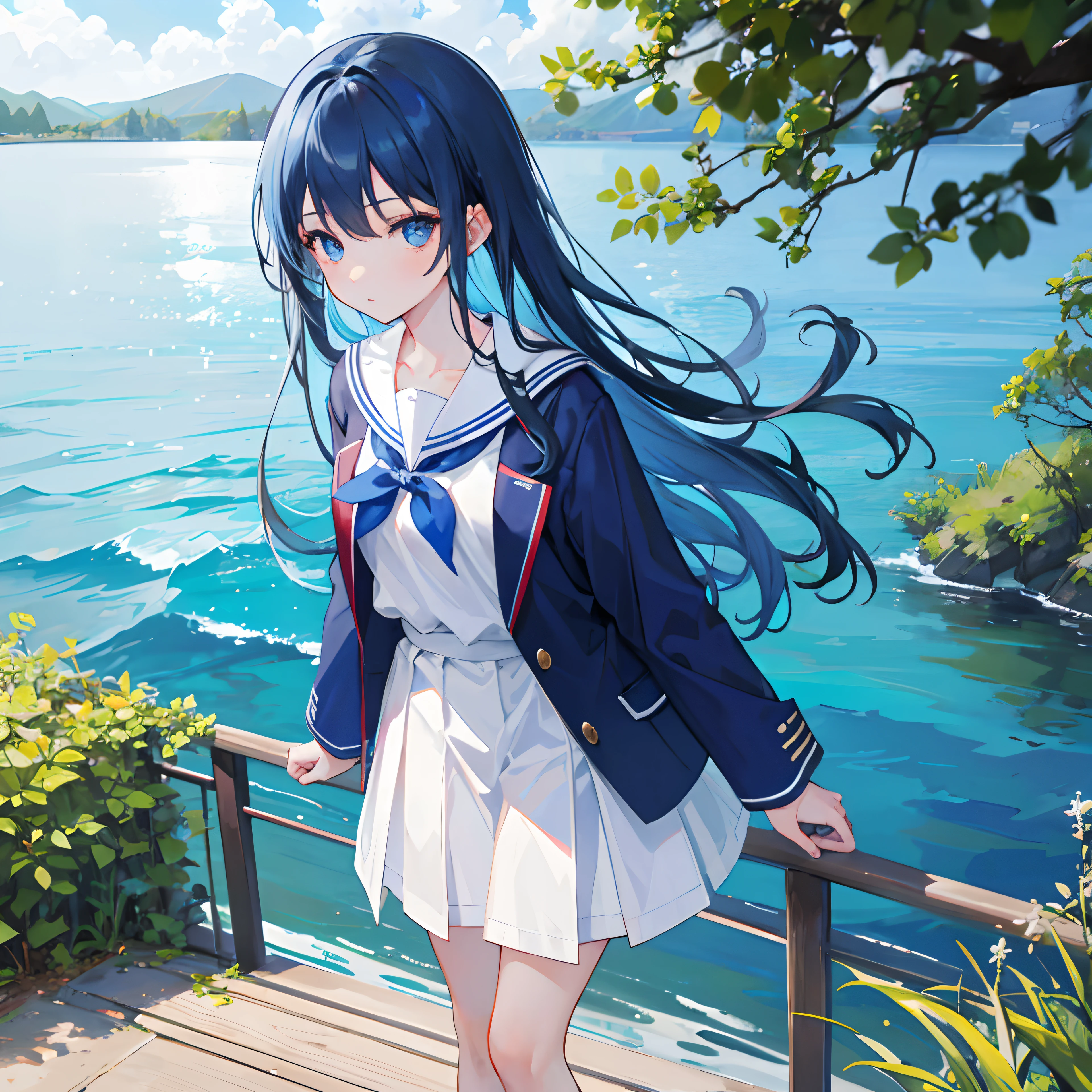 (High resolution), (in 8K), (Extreme Detail), (Best Illustration), (beautiful detail), (Best Quality), (masuter piece), ( Detailed face), A dark-haired、((Sitting with your legs in your arms on a rock by the river))bare-legged、Look at us with your face on your lap.、A smile、a straw fedora hat、a sailor suit、夏天、((Sunlight)) (Background with、a river、Countryside landscape in Japan)full body Esbian,Realistic fantasy rendering, Realistic anime girl rendering, popular in CGSTATION, 4K,highlight in eyes、Slightly distant angle