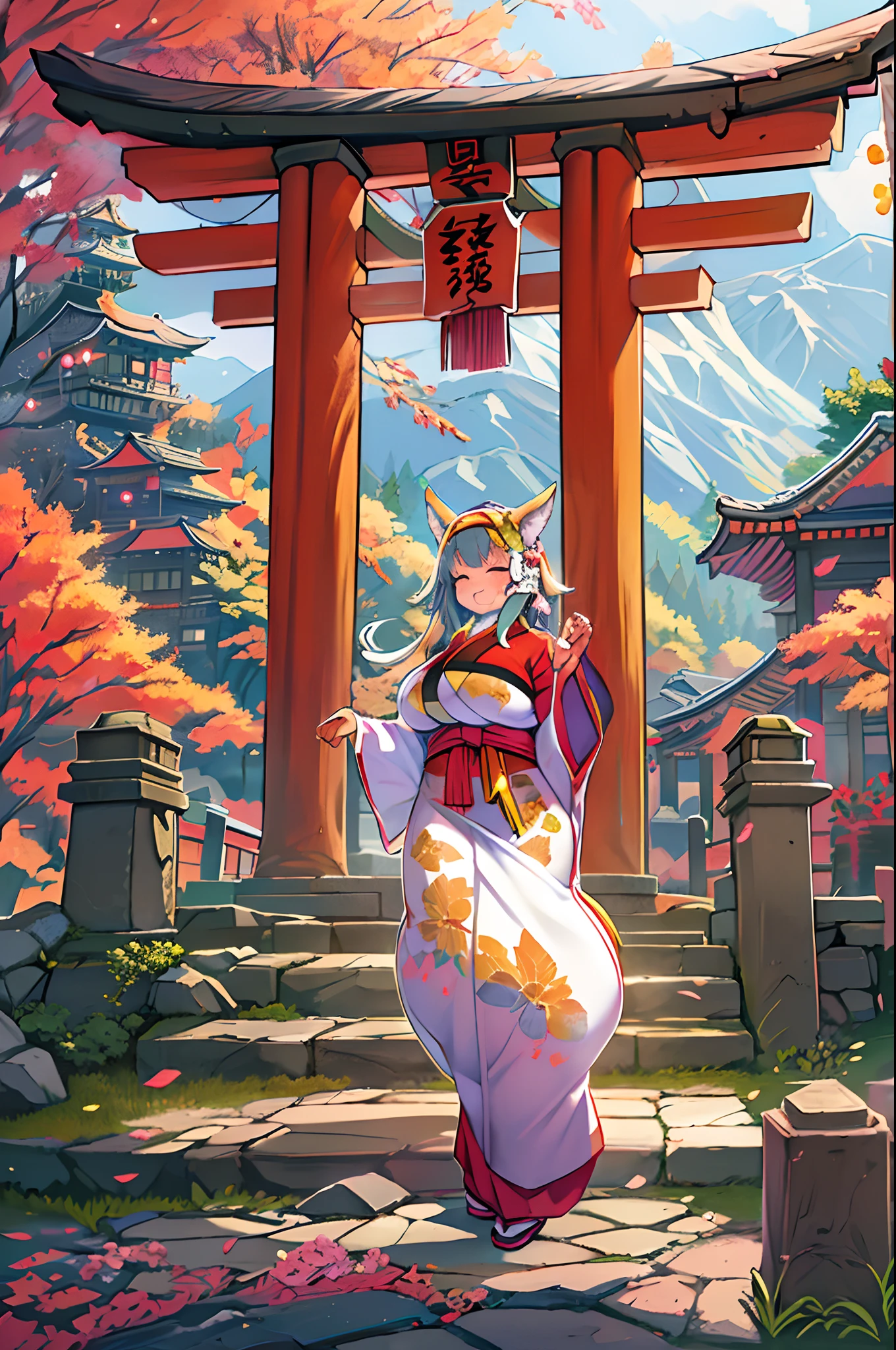Fox Woman、body covered with fur、huge-breasted、kawaii、shrine maiden、Japan white clothes,Red Hakama、torii gate,((Oblique angle))、one eye closed、winking、A big smile、bbw、thick thight、big butts、Ultramammy,Chibi,Nanachi, autumn day,kaede、 Pines, Anime Background Art, japanese art style, beautiful anime scene, detailed scenery - width 672, Background art, Anime landscapes, Anime Background, Beautiful anime scenery, Beautiful peace scenes in anime, landscape artwork, Japan Village, Anime landscape concept art, 8K))、a lot of fallen leaves、Water twinkle、Springs in the mountains、Main shrine、Chii