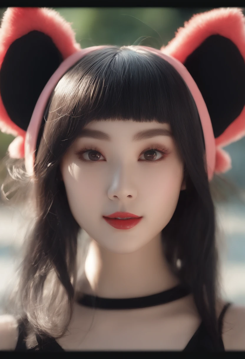 black hair, hair bobbles, wince, longeyelashes, solid circle eyes, fake animal ears, light smile, ear blush, fang, Surrealism, drop shadow, anaglyph, stereogram, tachi-e, pov, atmospheric perspective, 8k, super detail, ccurate, best quality
