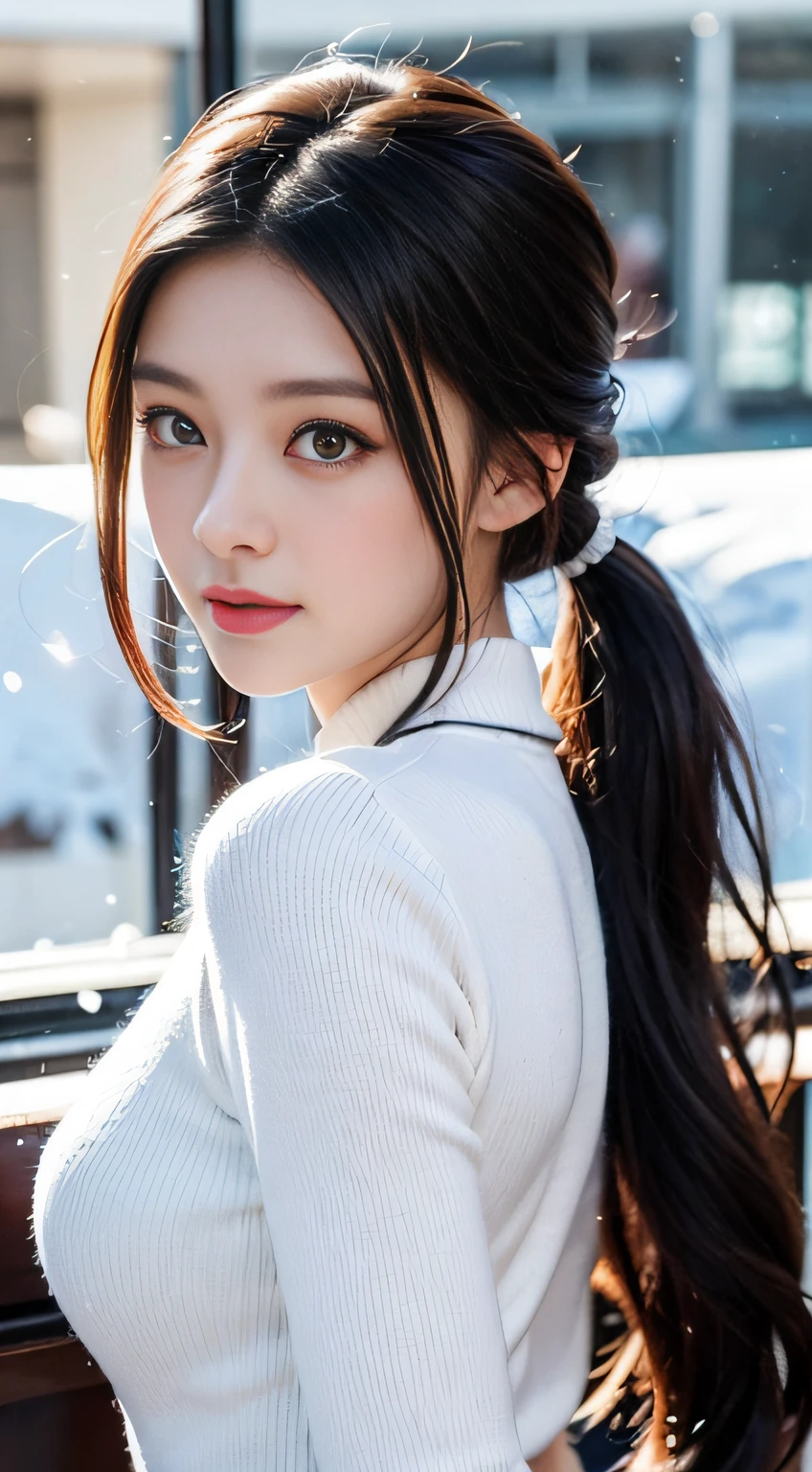 ((Beautiful 30 year old woman))、Beautiful fece、Young and beautiful 30 year old woman、Outside、In the crystal and ice area、((Snow flutters while sparkling))、(((ride horse)))、White time、(black and long curly hair、poneyTail)、length hair、eye reflections、scornful、Ray traching、reflective light、bblurry、shining light、depth of fields、Chiaroscuro、stereograms、Zoom Layer、cowboy  shot、F / 2.8、bokeh dof、​masterpiece、top-quality、hightquality、hard disk、((Winter costume))