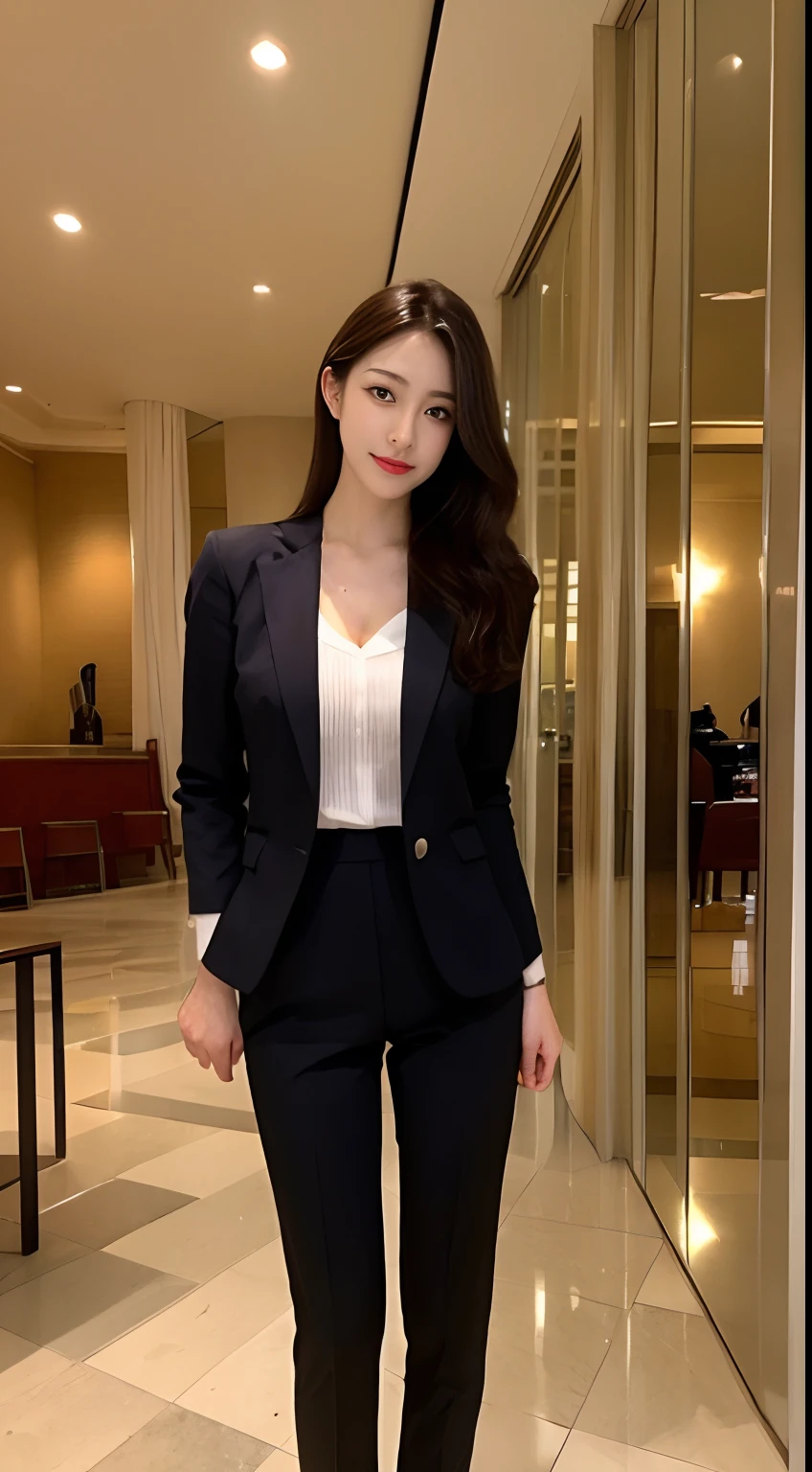 50-year-old woman、Japanese、Classy sex appeal、sexy、Transparent skin、Perfect Lighting、Beauty、Radiant Skin、Transparent beauty、8K High Resolution、Beauty in natural light、High resolution、Photorealistic、Fair skin、Masterpiece、Moist eyes、Saggy udder、Gravure quality、smile、Building district、office lady、Wearing a business suit、walking、pants suit、