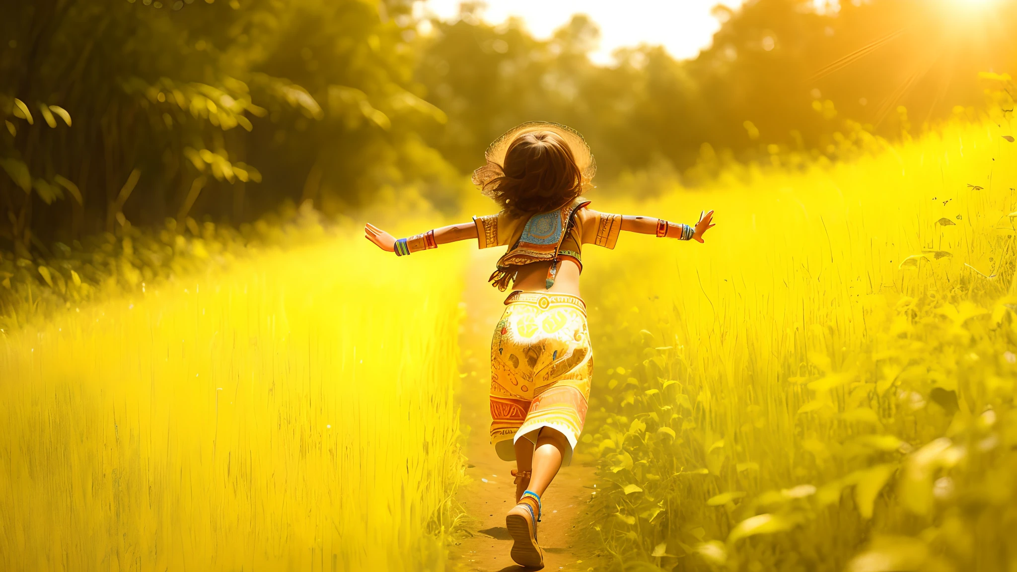 Masterpiece, best quality, very detailed little girl runs towards the bright Sun, she has very detailed tribal clothes on, she is very happy, very detailed fingers and hands, her long brown hair is open, jungle and palms are on the background