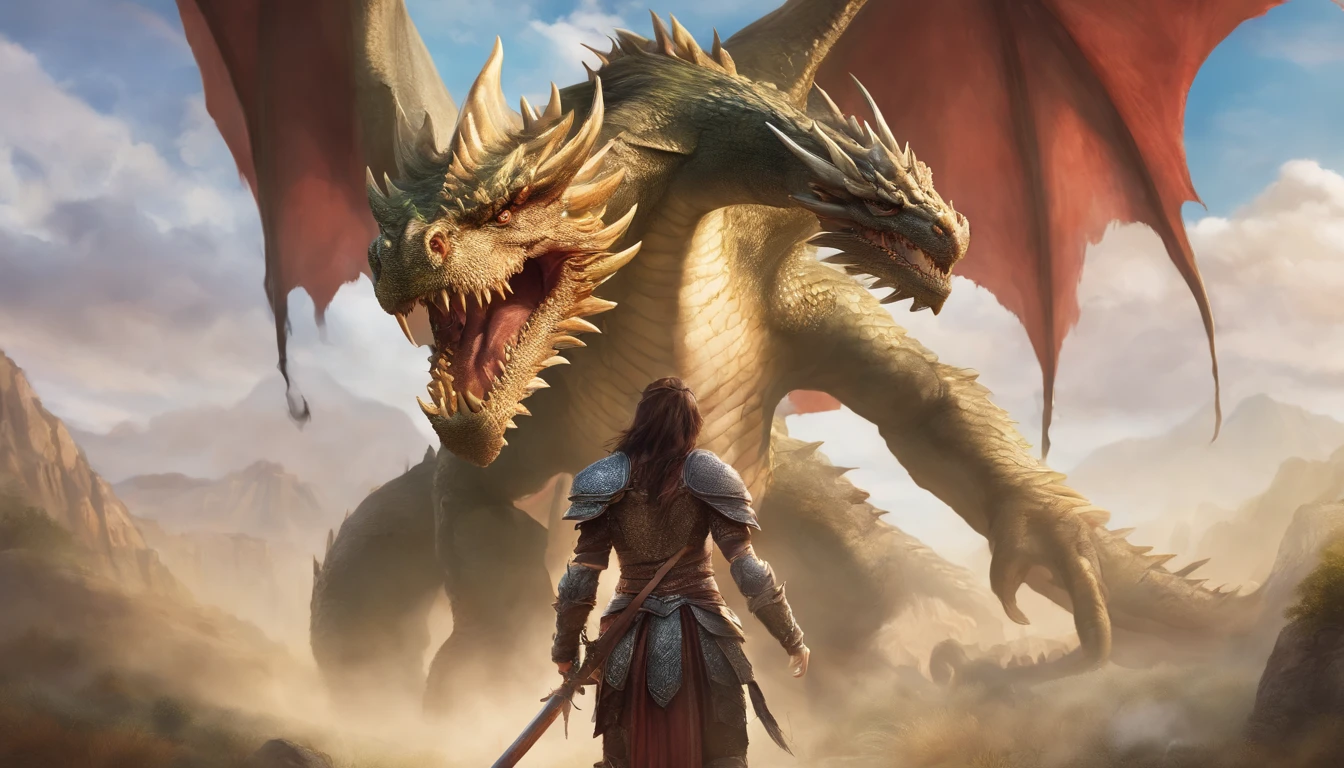 There's a woman dressed in revealing armor standing with a giant dragon behind her, dragon in the background, ultra detailed, photorealistic, masterpiece.
